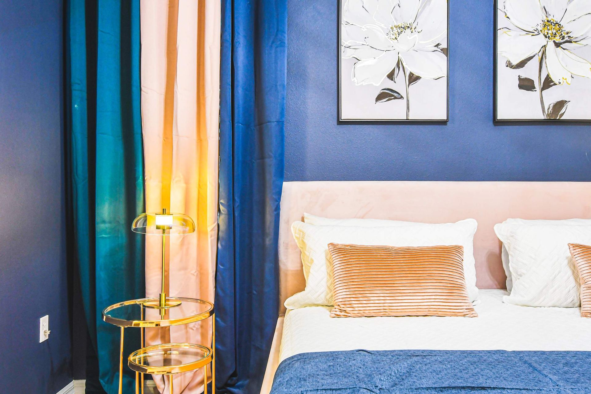 Bold and cozy bedroom with luxe velvet accents and artistic flair—sleep in style!
