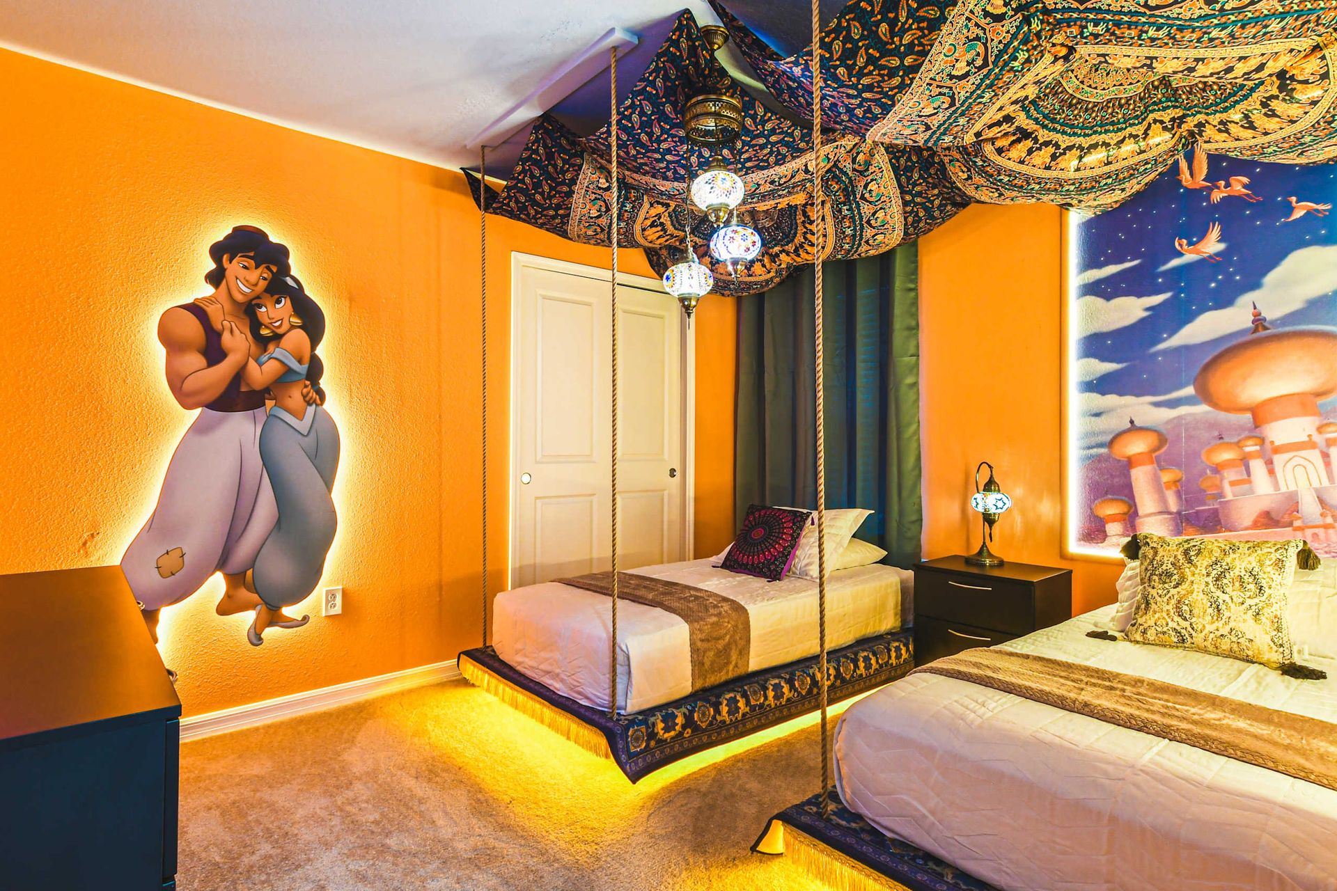 Magical Aladdin room with flying carpet beds—your enchanted adventure begins here!