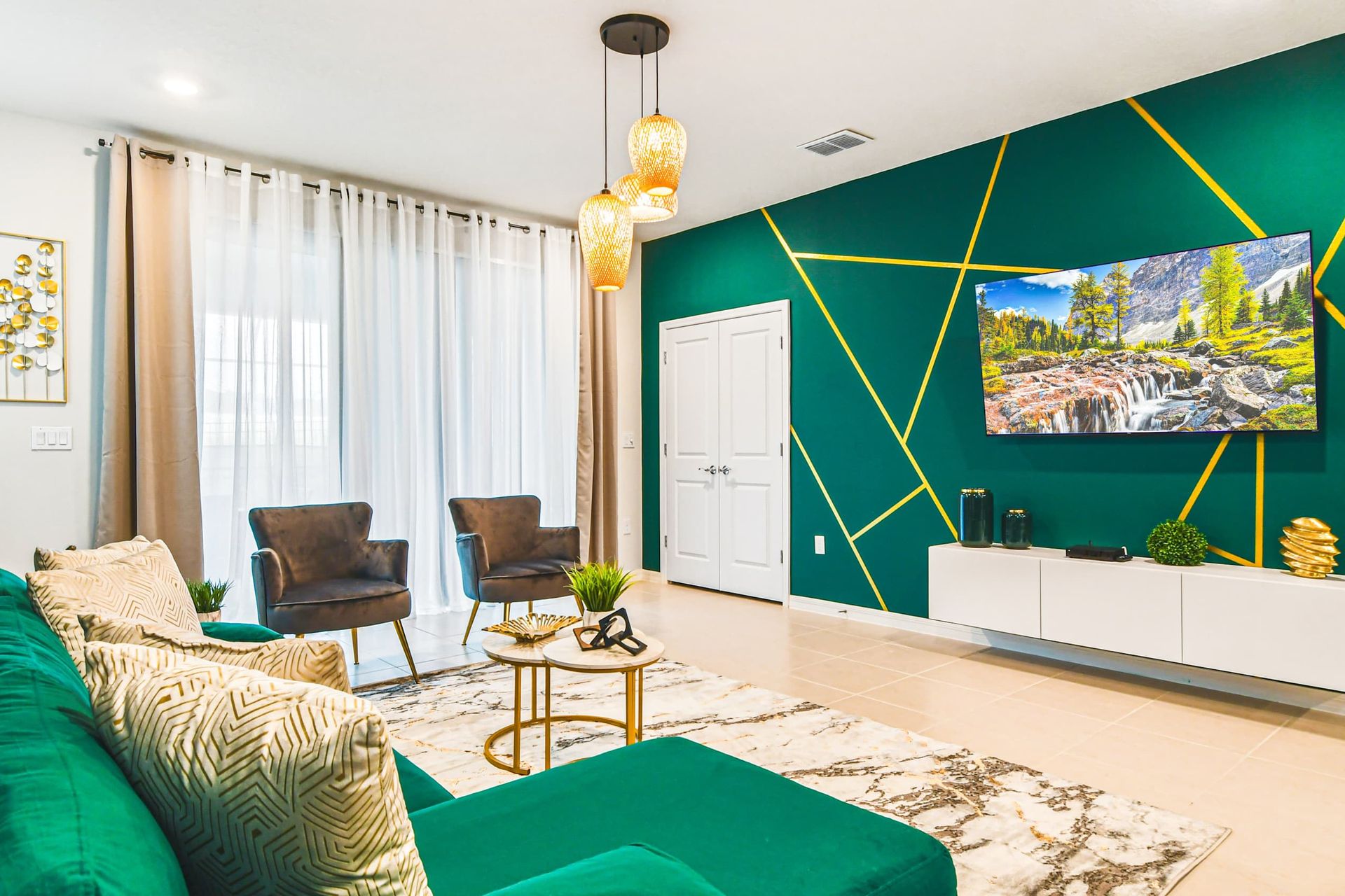 Chic modern living room with bold style, cozy seating, and a relaxing vibe.