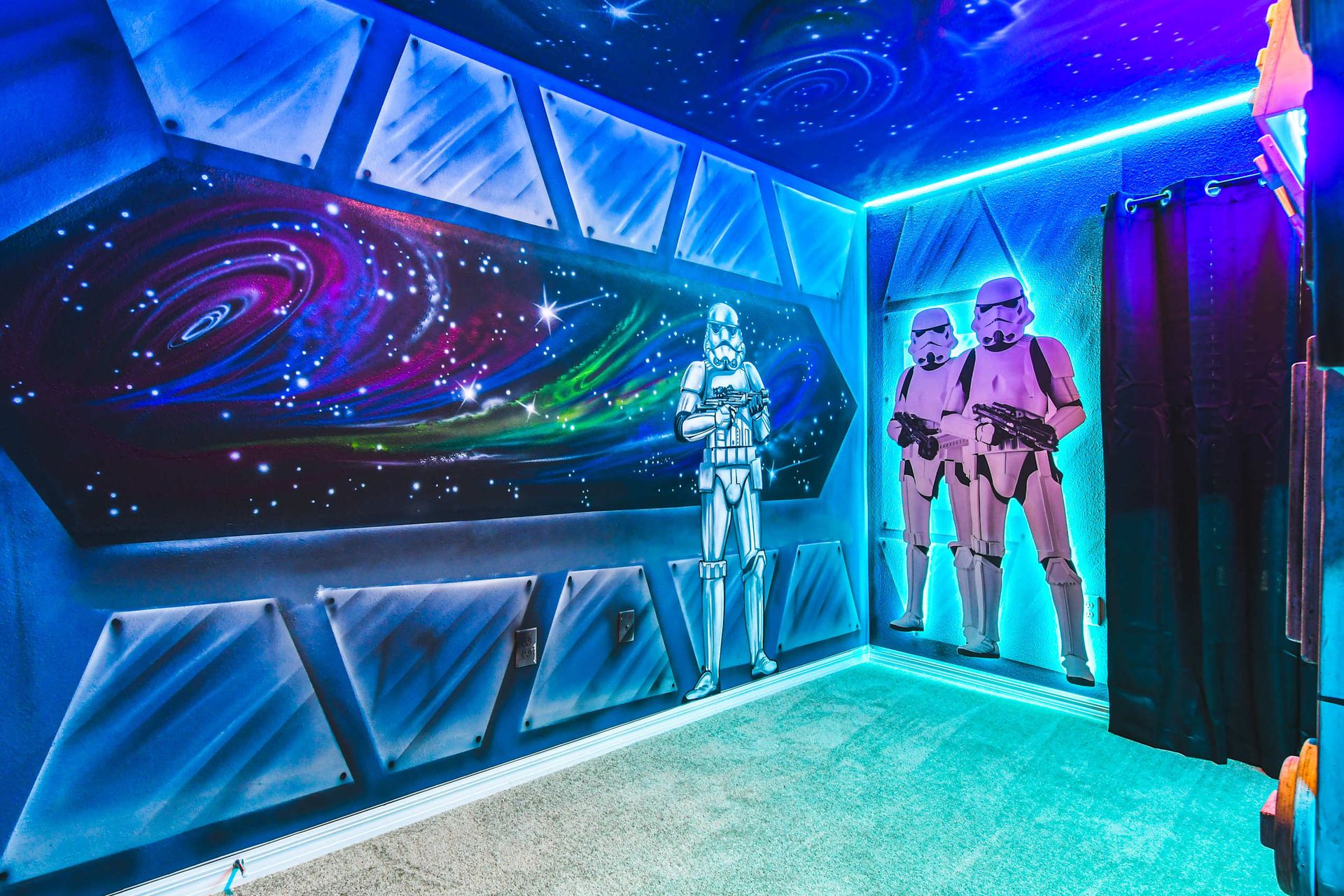 Galactic bunk room with stormtroopers and stars—sleep inside a space adventure!