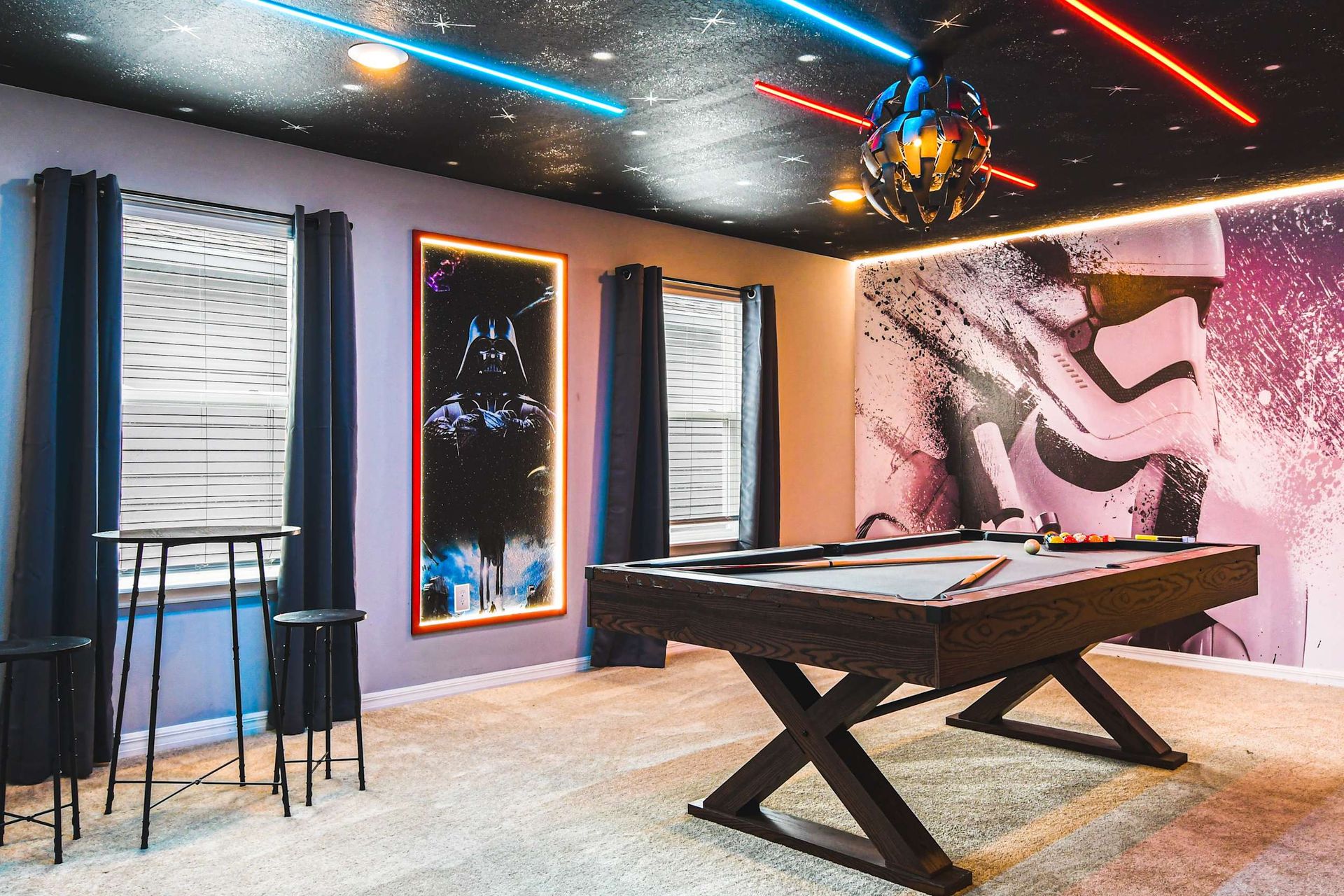 Galactic game room with pool table and cosmic vibes—join the dark side of fun!