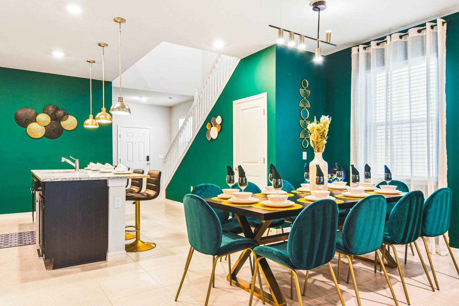 Elegant dining space with bold colors and modern flair—perfect for group meals!