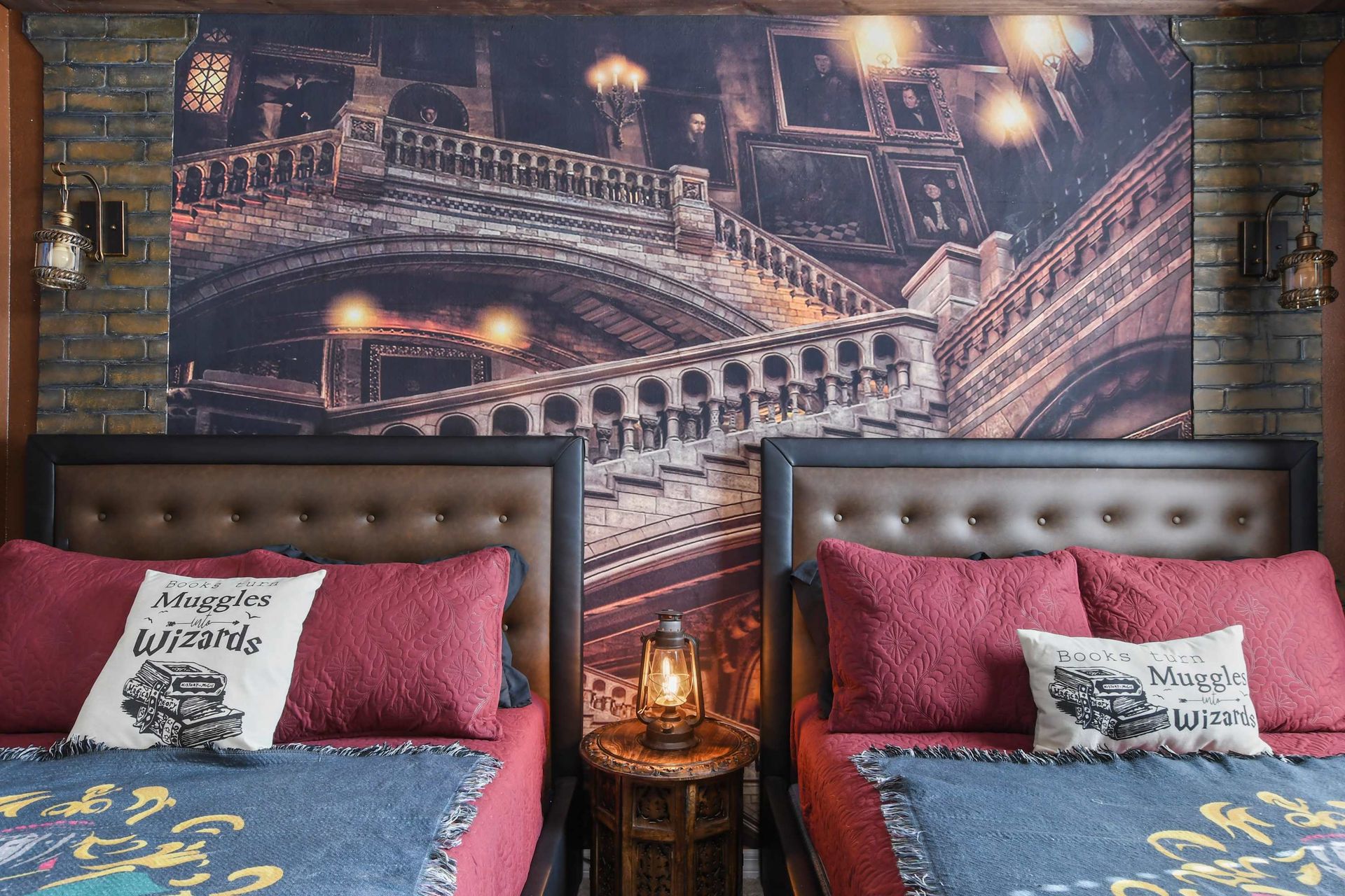 Wizard-themed twin room with enchanted décor, magical vibes, and cozy bedding.