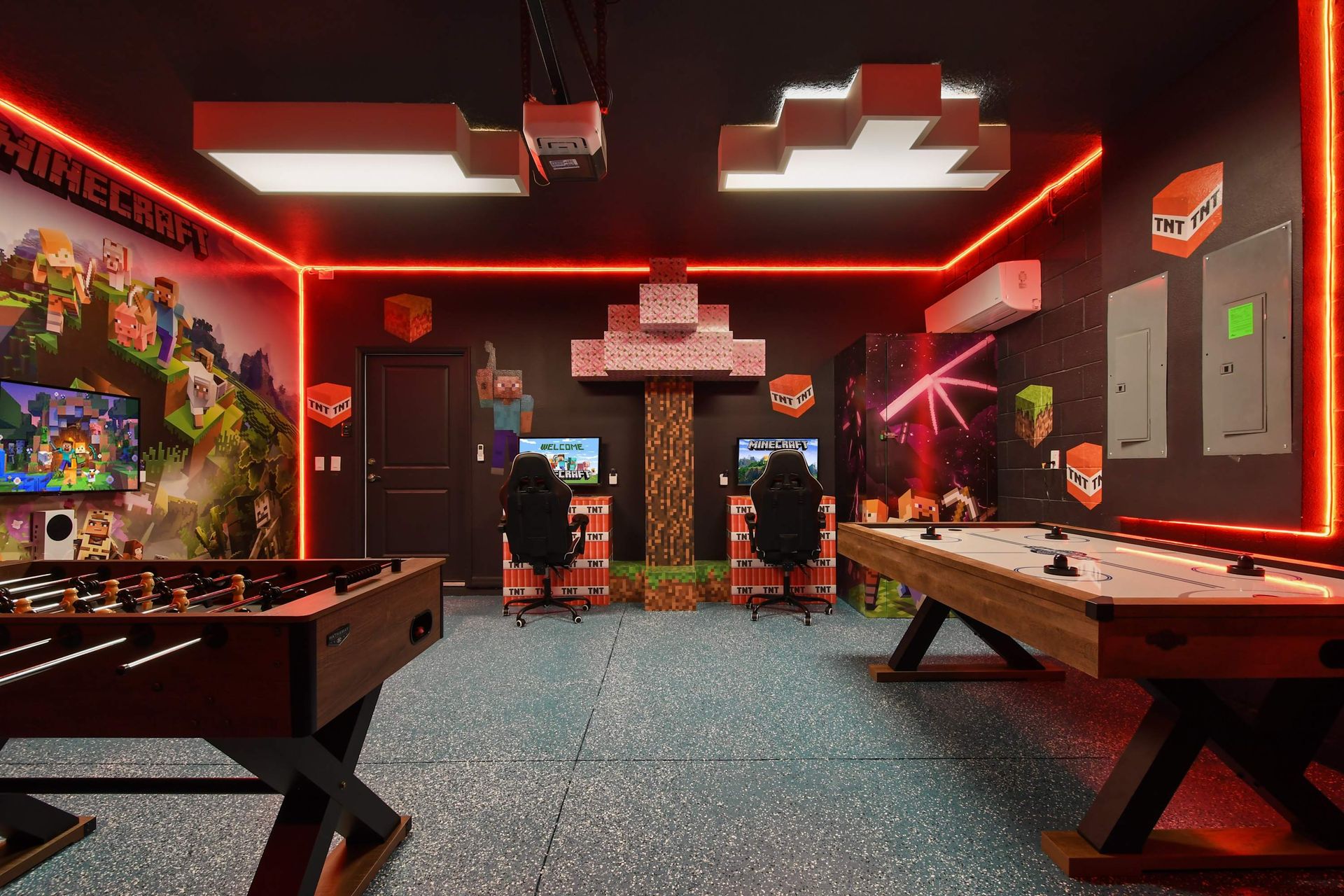 Immersive Minecraft game room with arcade stations, foosball, and air hockey fun.
