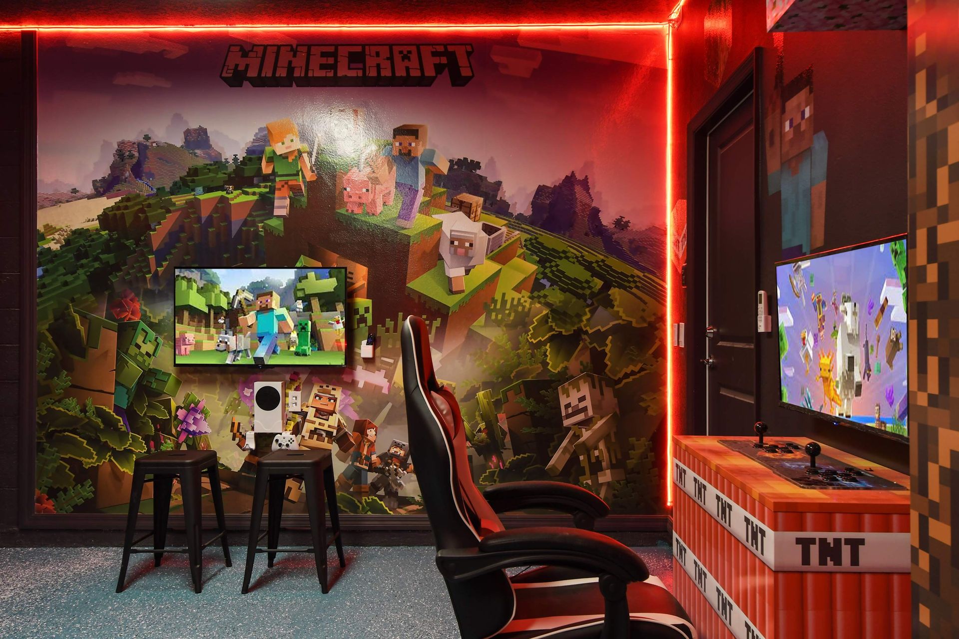 Ultimate Minecraft-themed game room with LED lights, arcade setup, and consoles.