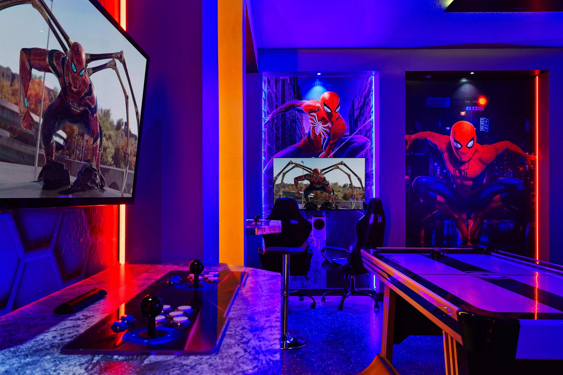 Arcade dreams come true in this Spider-Man themed game room with epic vibes.