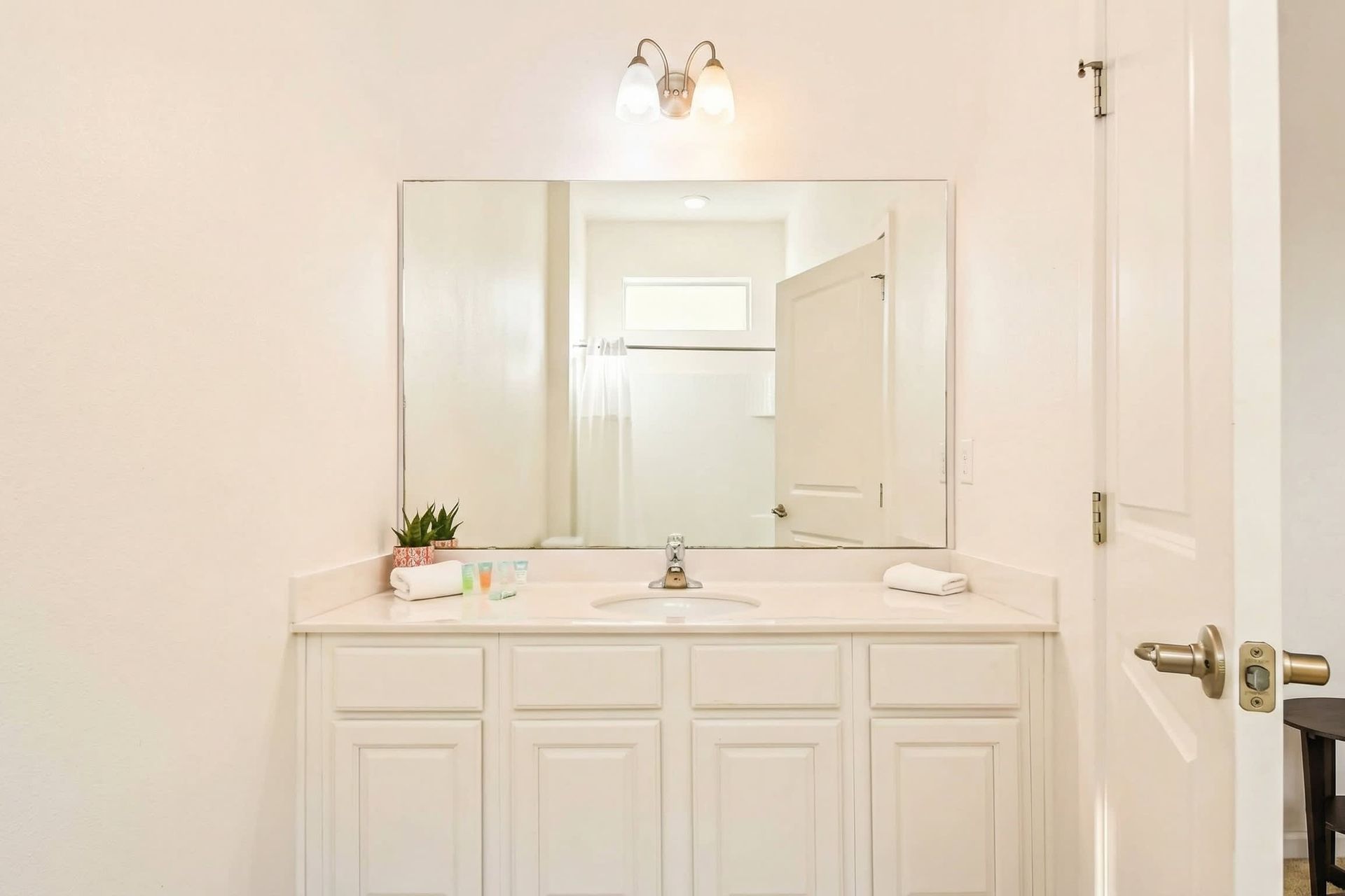 
Modern bathroom with sleek shower, spacious vanity, and amenities