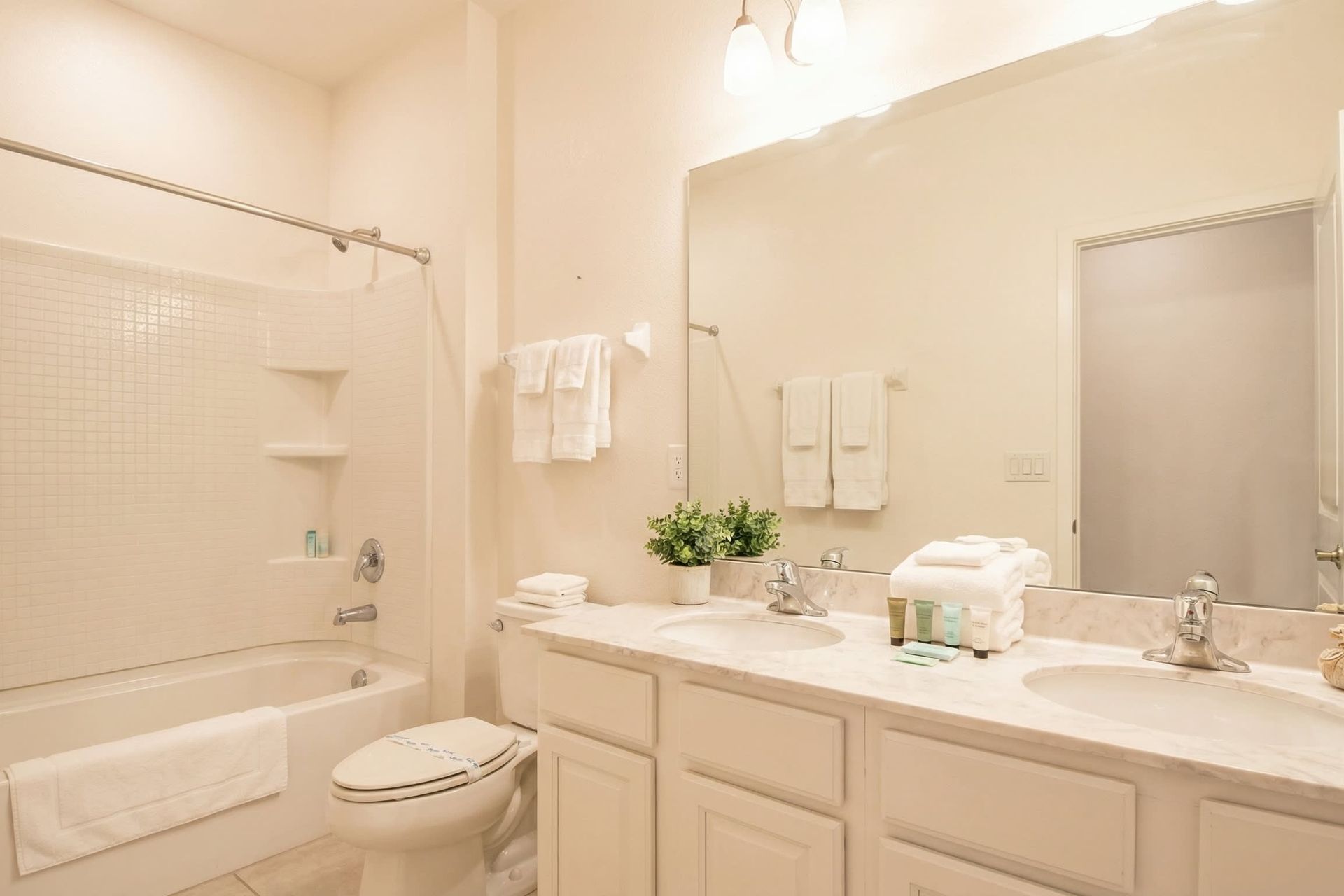 Bright bathroom with a full tub, modern vanity, and fresh décor