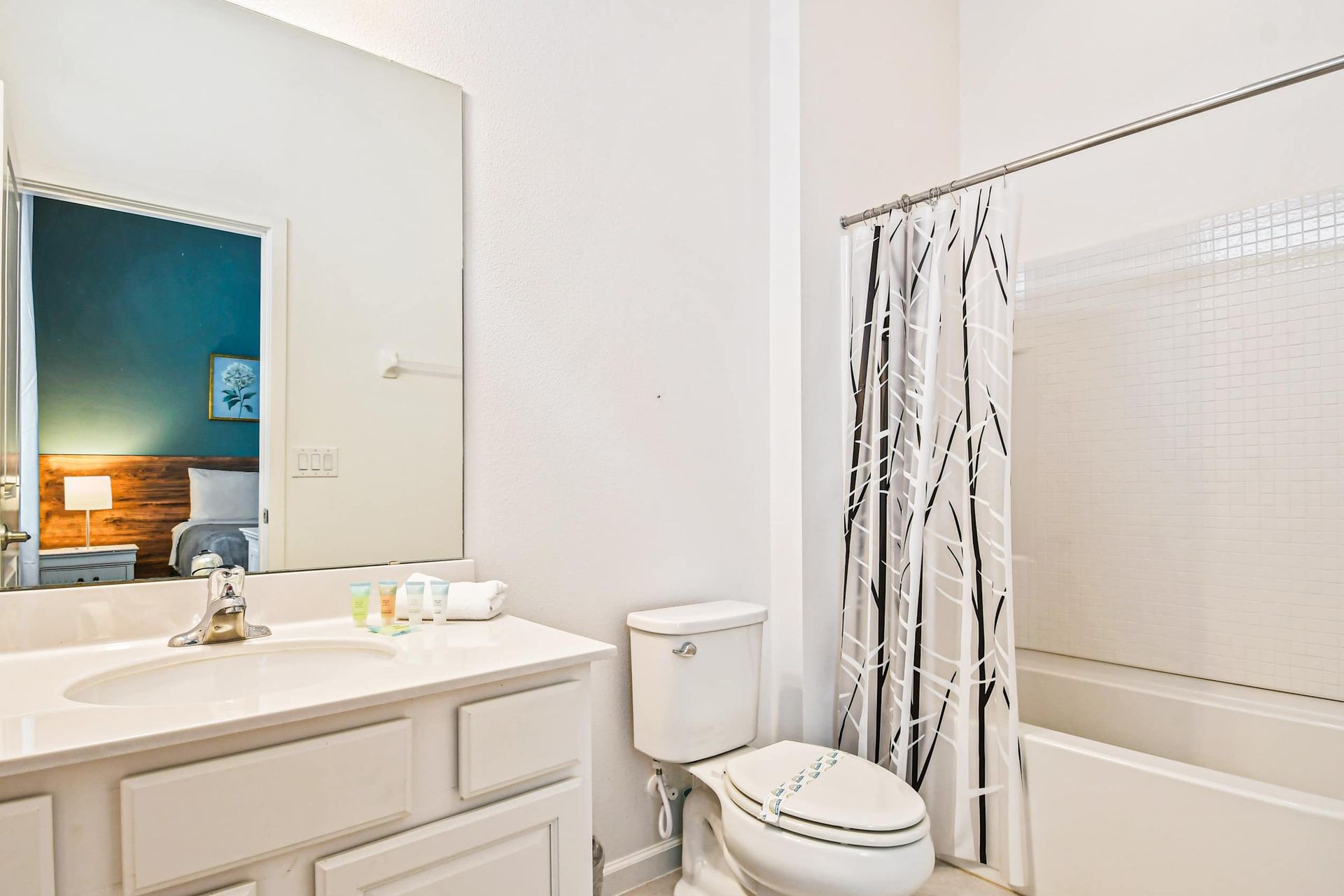 Bright bathroom with a full tub, modern vanity, and fresh décor