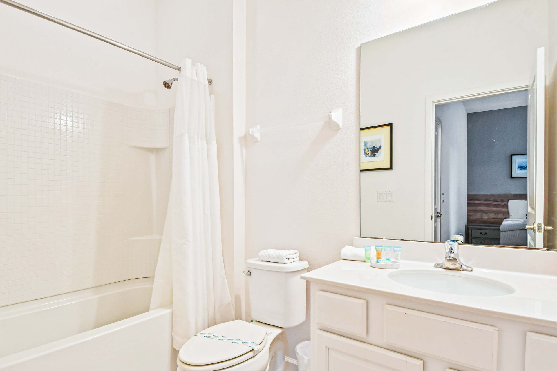 Bright bathroom with a full tub, modern vanity, and fresh décor