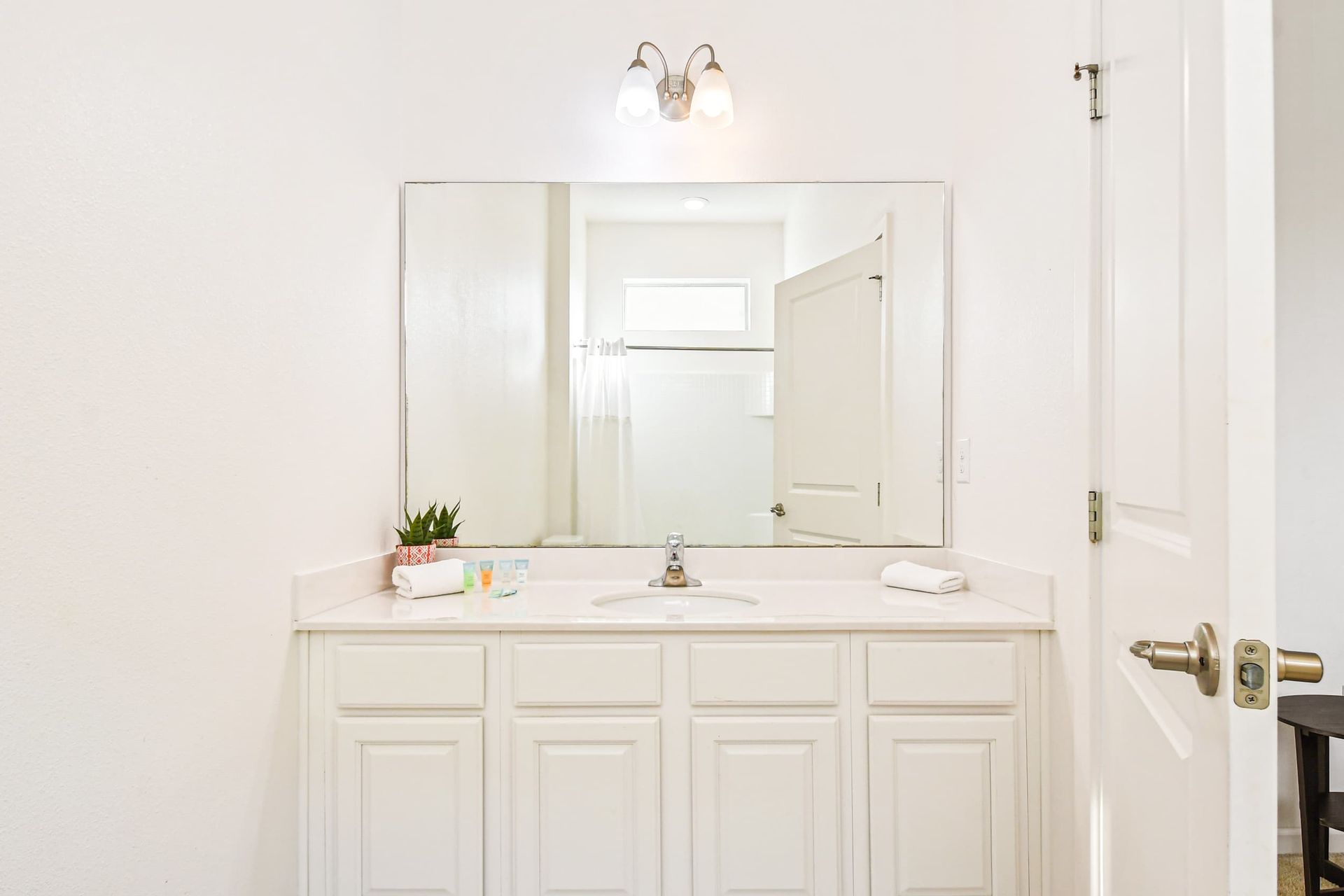 
Modern bathroom with sleek shower, spacious vanity, and amenities