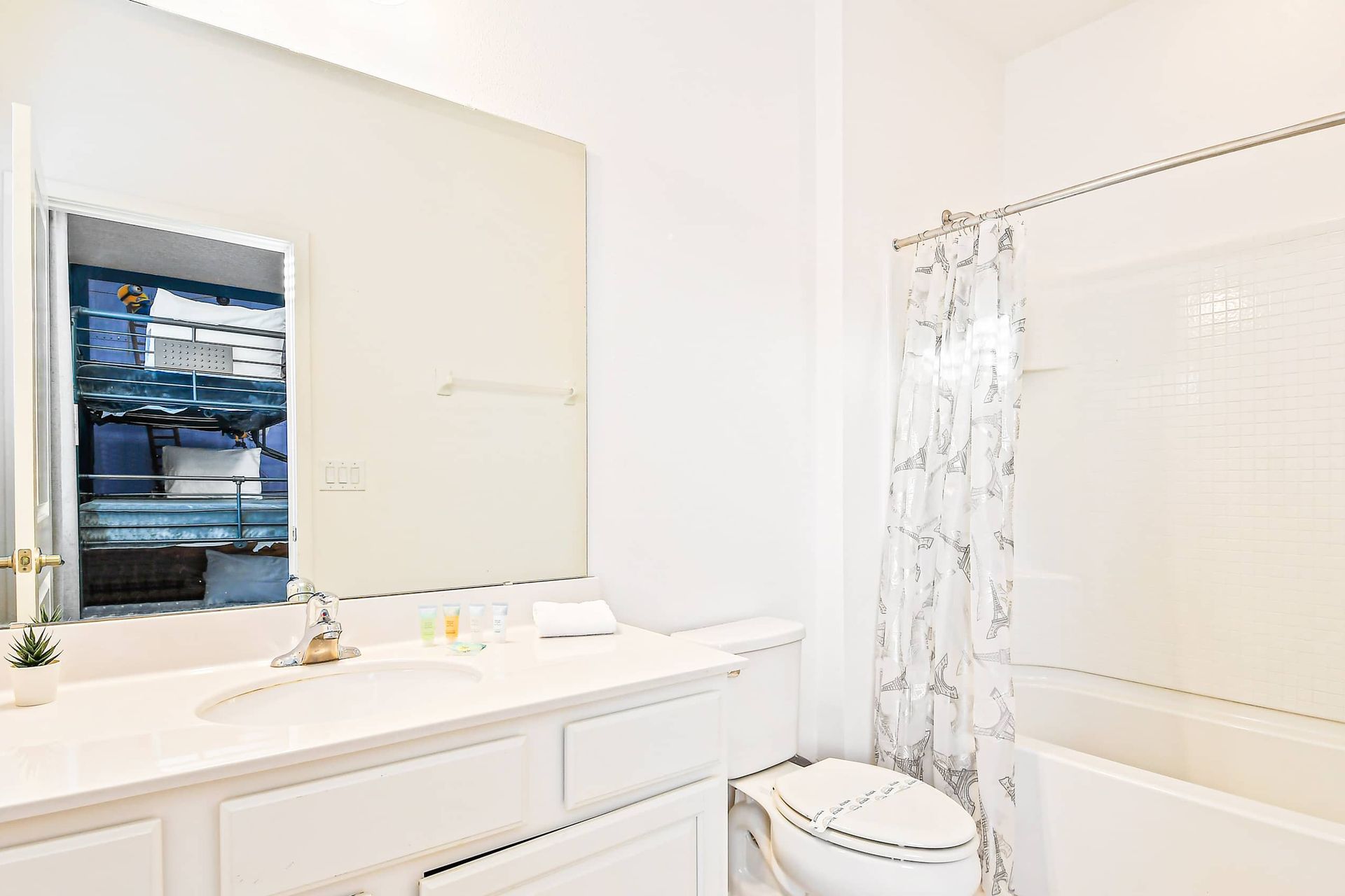 Bright bathroom with a full tub, modern vanity, and fresh décor