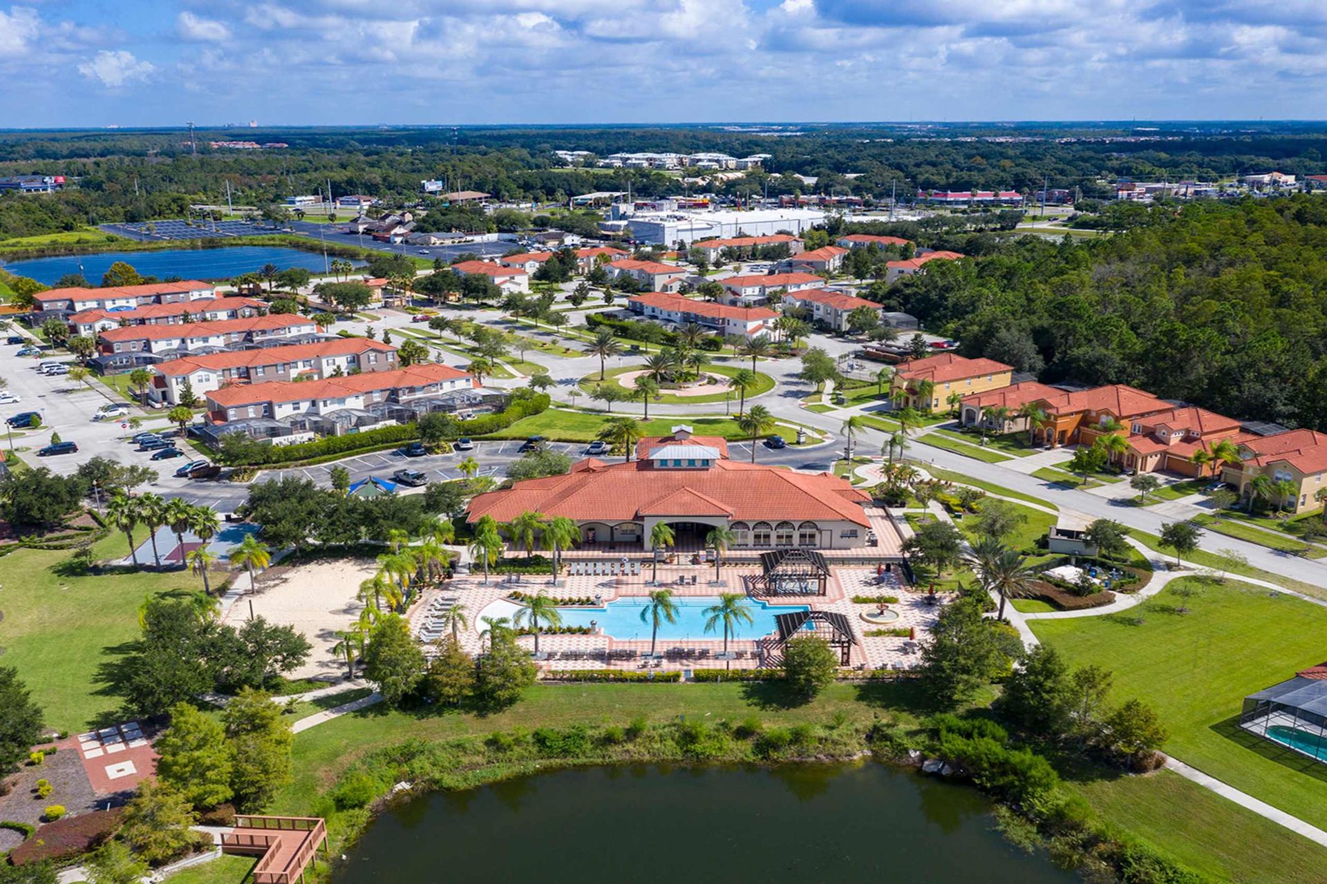 Aerial view of Bella Vida's resort-style pool and clubhouse