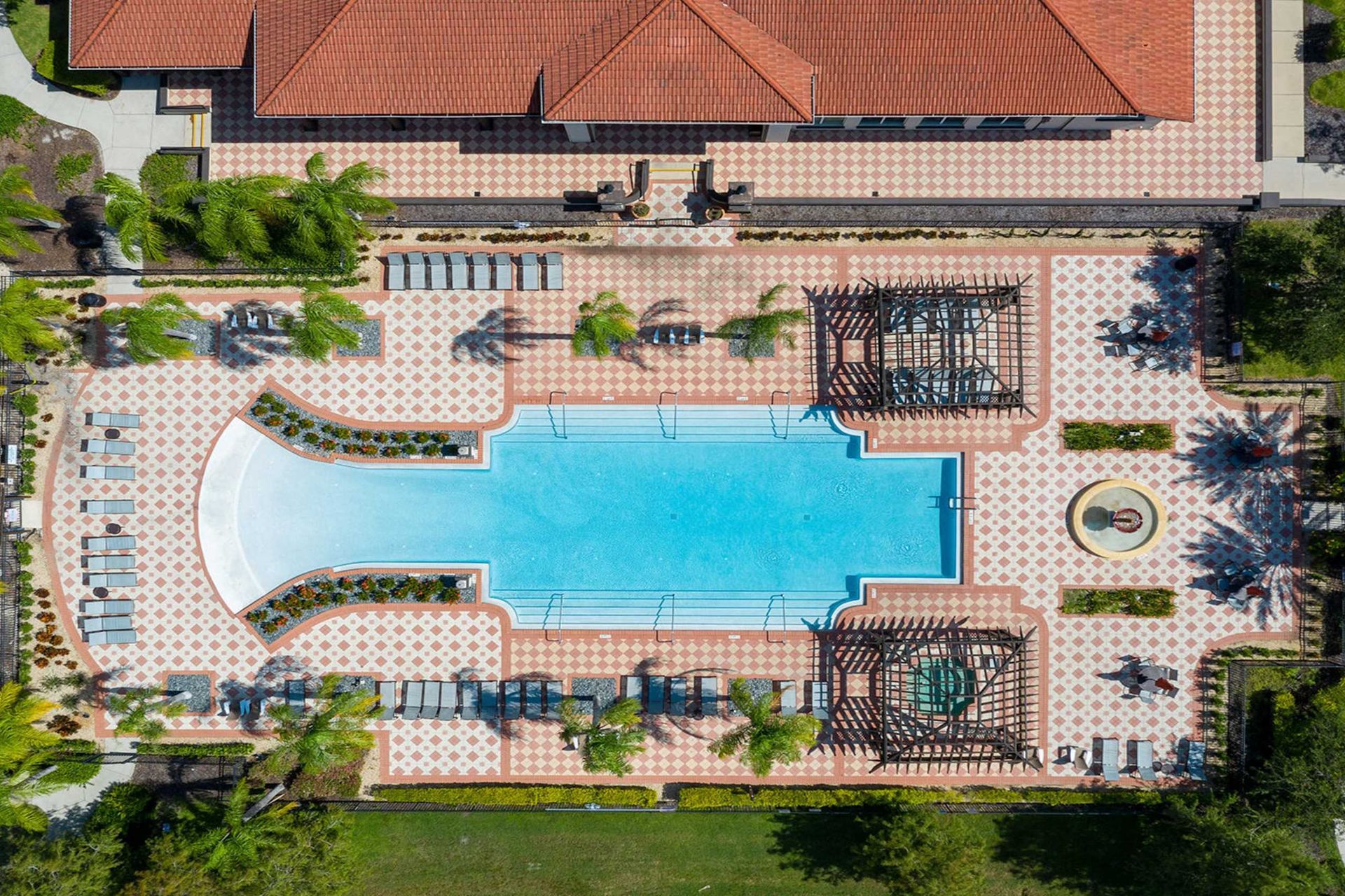Aerial view of Bella Vida's resort-style pool and clubhouse