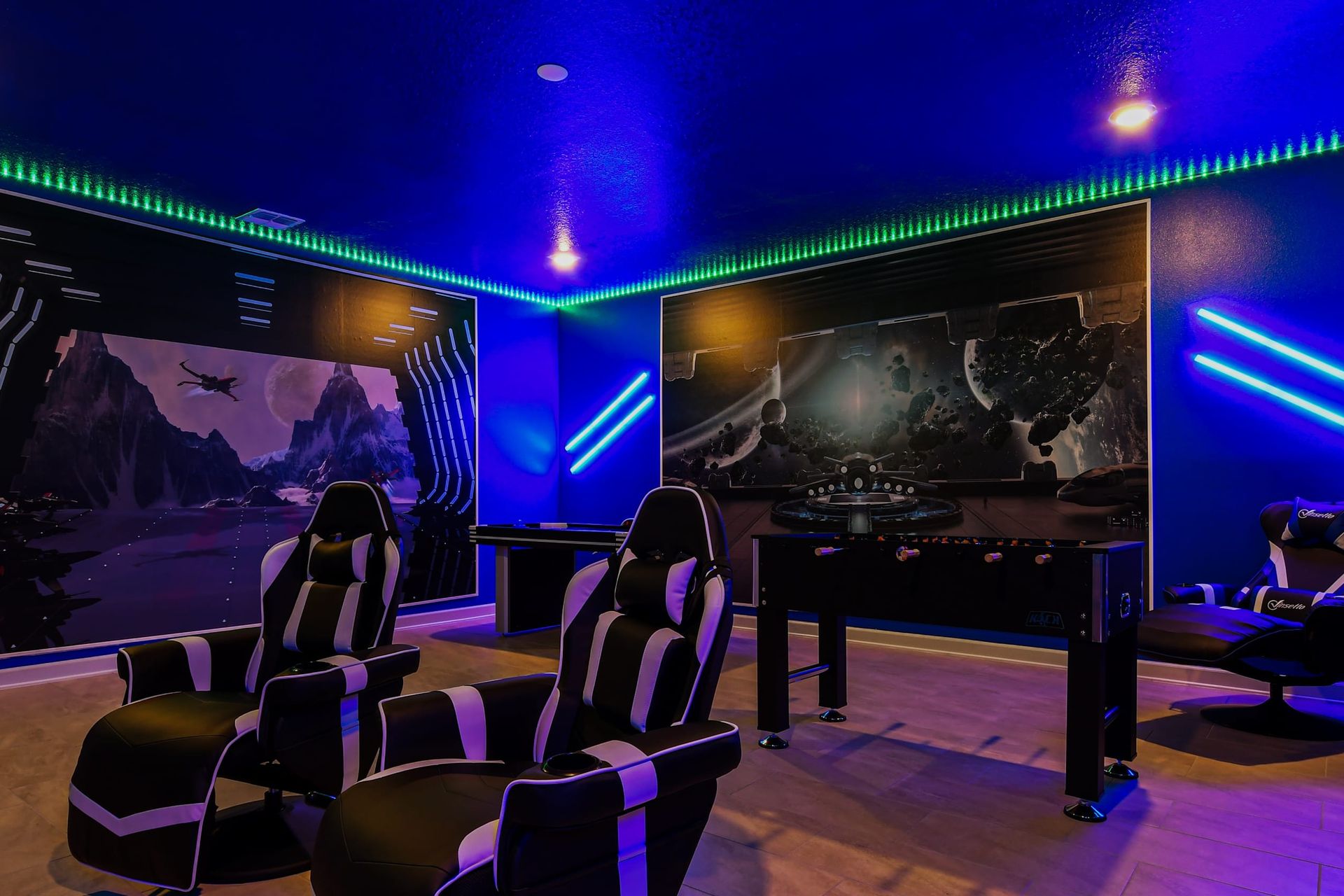 The game room is stylishly furnished with Star Wars theme with cool lights.