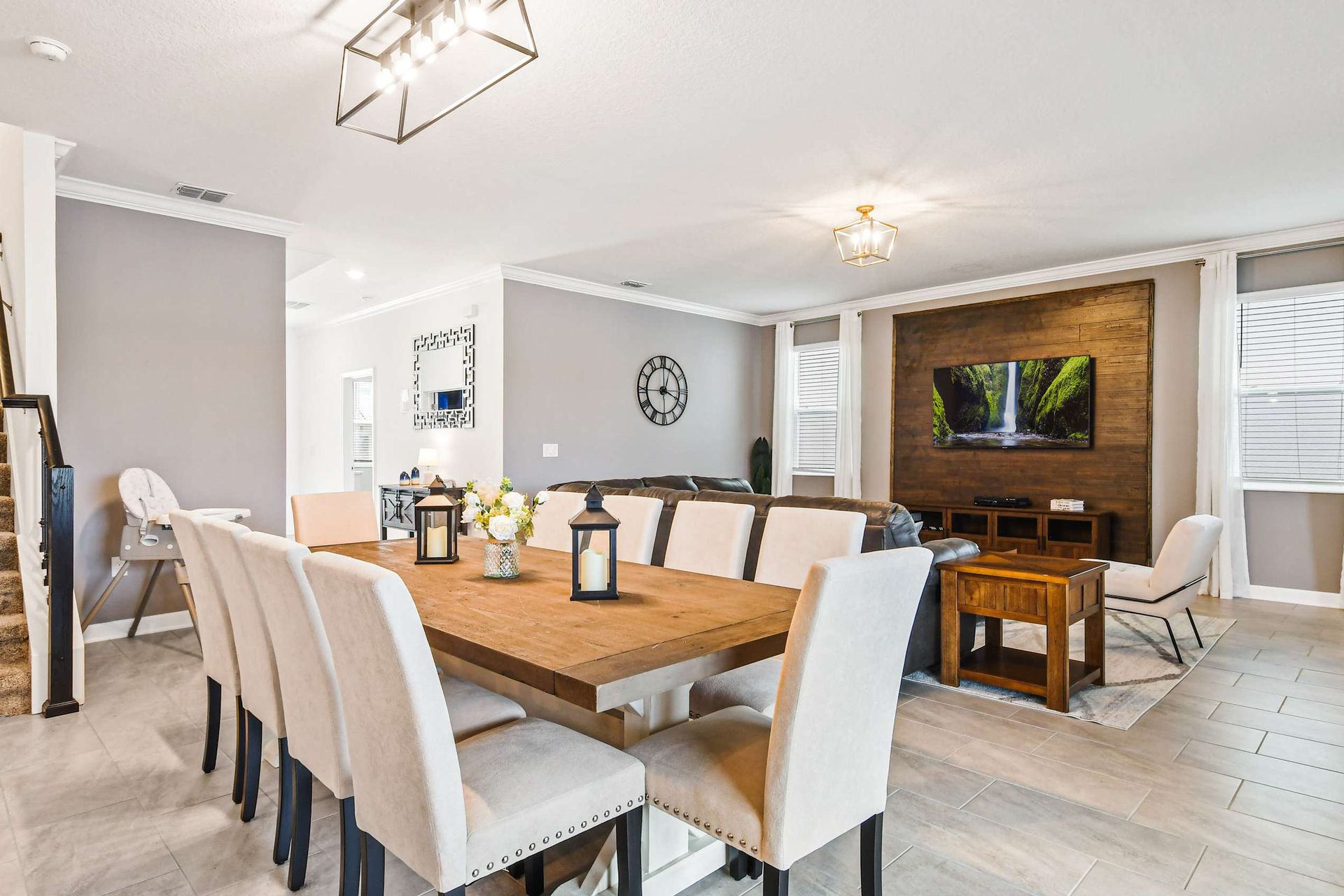 Spacious modern retreat with cozy seating, dining for ten, and smart TV.