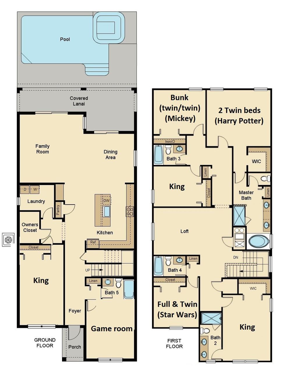 Spacious 6BR villa with themed rooms, game loft, pool, and resort-style comfort.