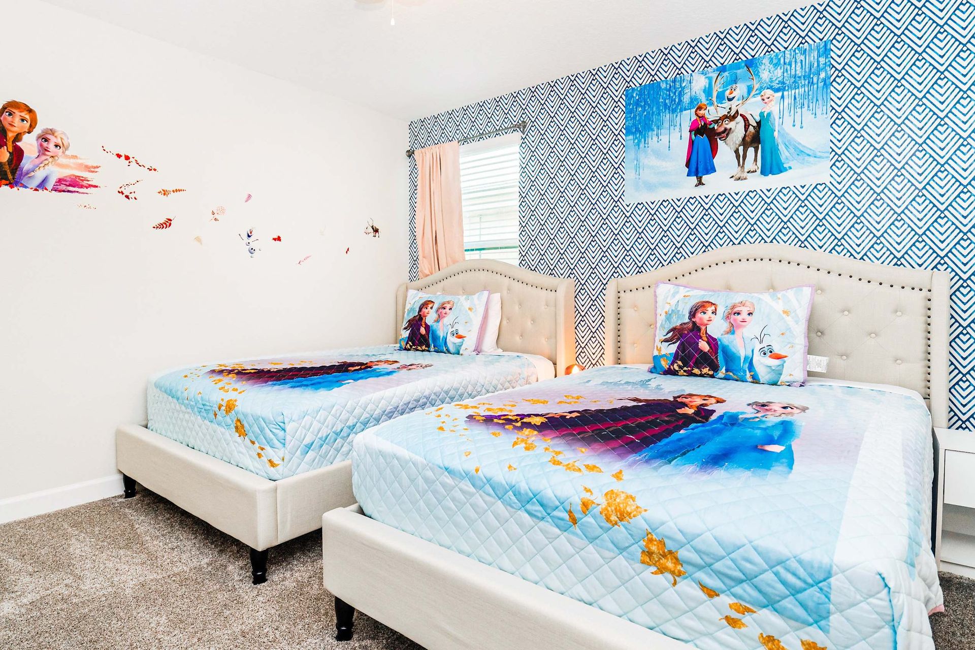 Immerse yourself in the enchanting world of a Frozen-themed bedroom, where every detail is curated to bring the magic of the beloved tale to life.