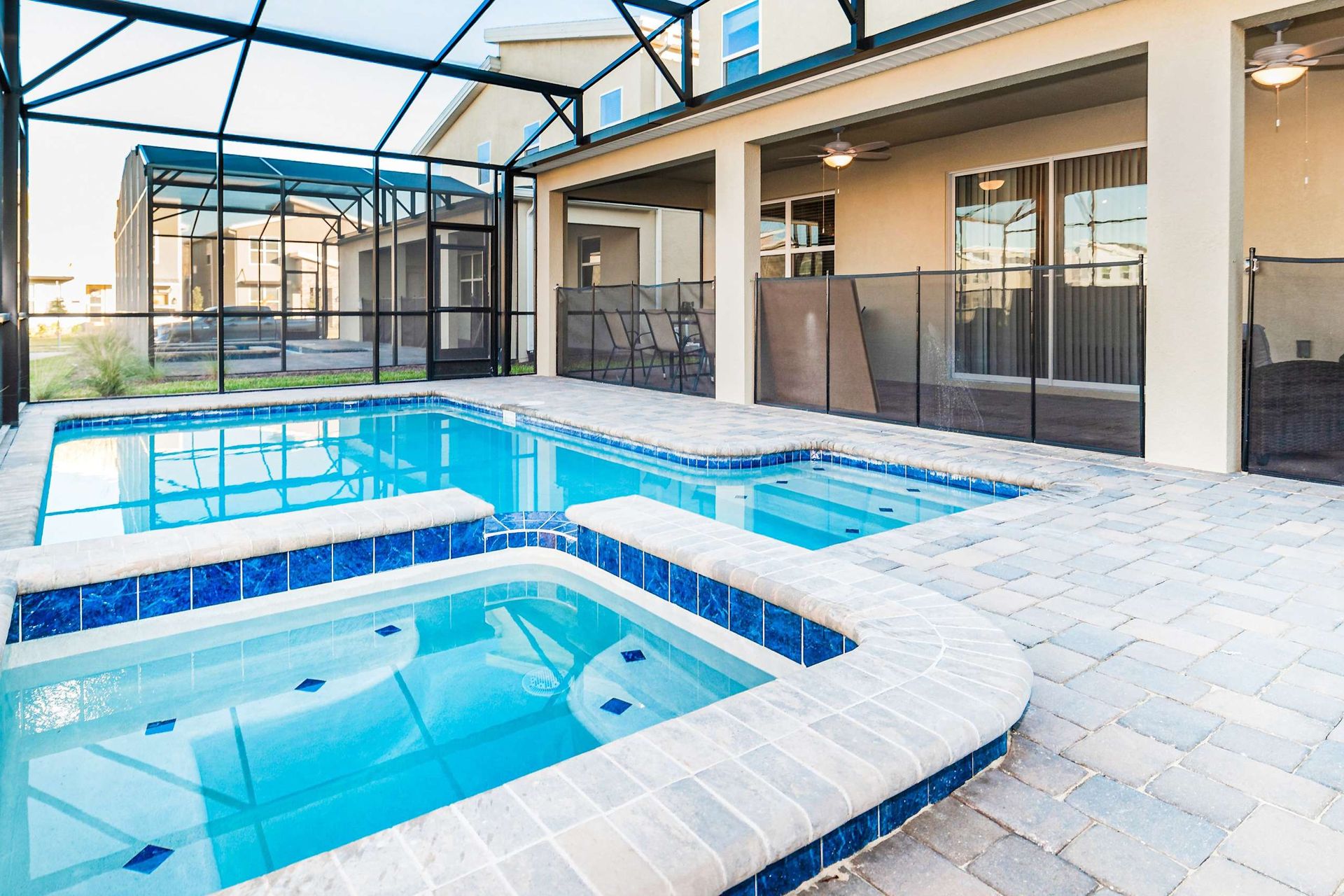 Enjoy exclusive access to the screened-in spa and pool, ensuring a private oasis for your relaxation and recreation.