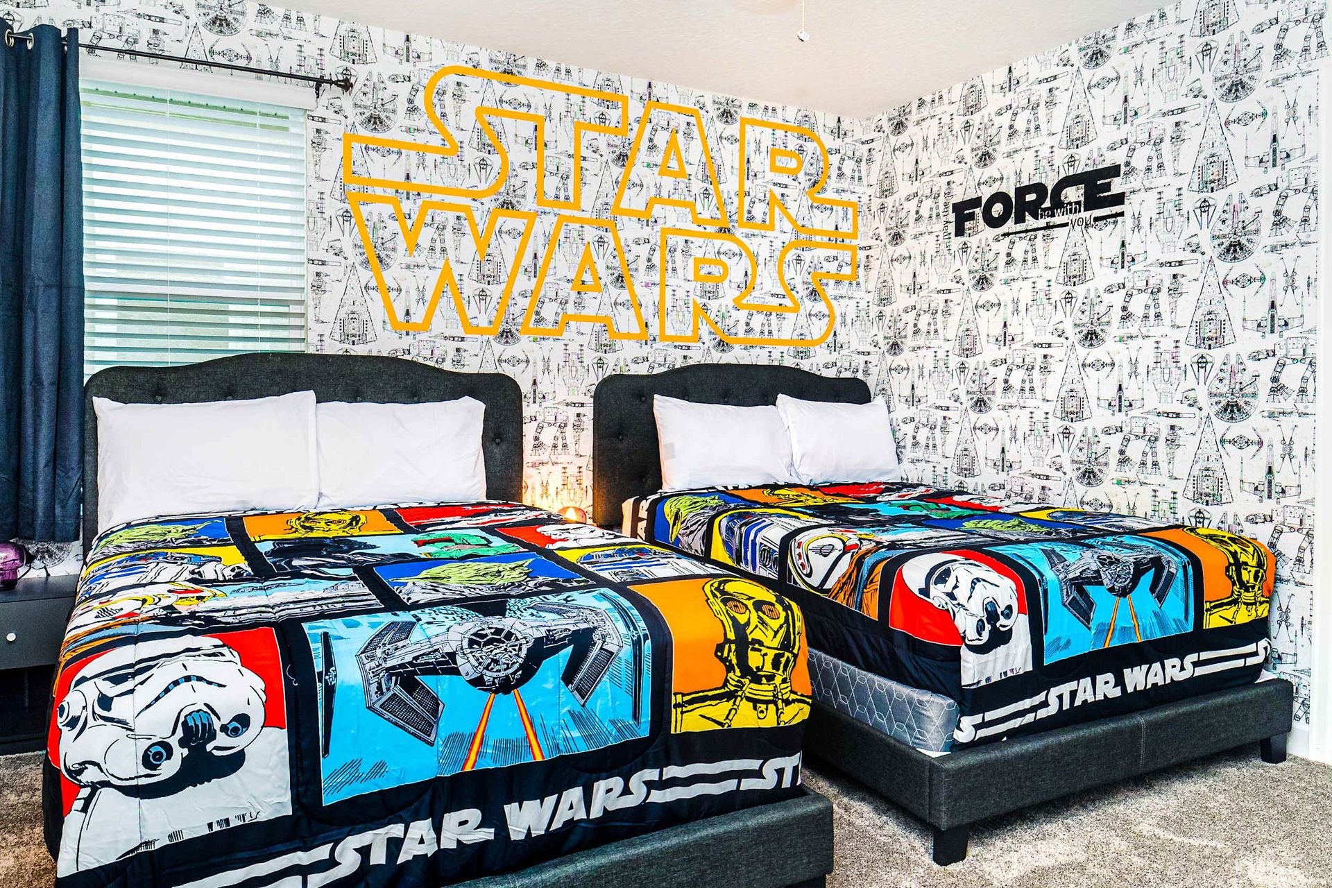 Immerse yourself in a captivating Star Wars-themed bedroom, where every detail transports you to a galaxy far, far away.