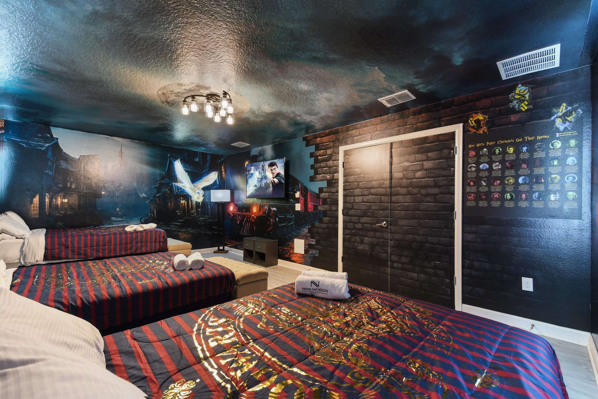 Immersive wizard hideaway with themed walls, glowing decor, and cozy beds for all.