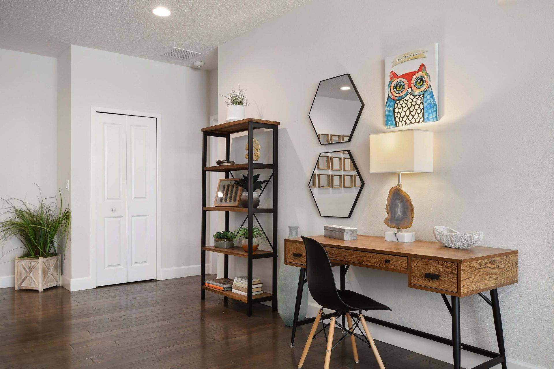 Cozy workspace with chic decor, perfect for work or relaxation