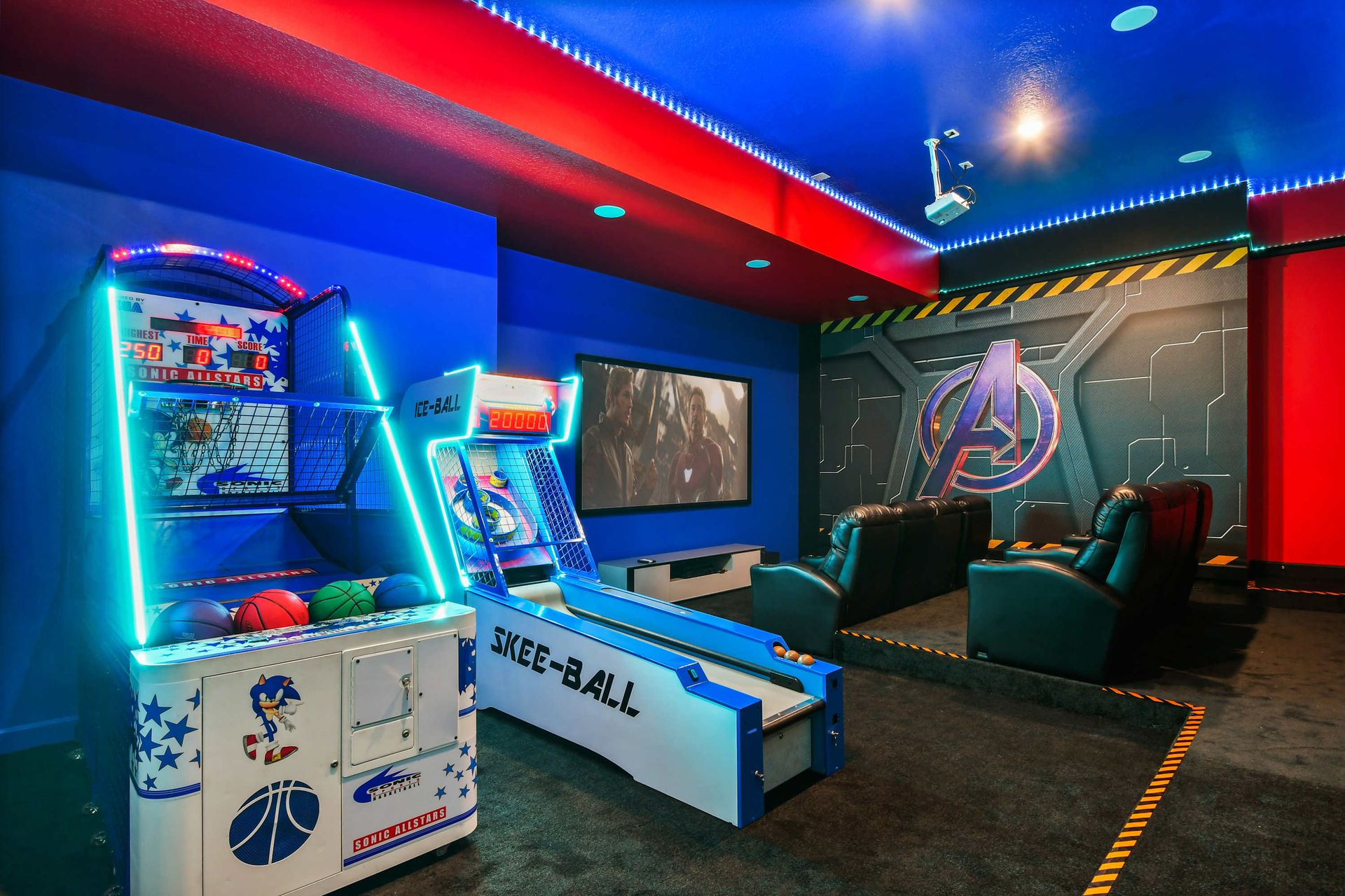 Epic Avengers-themed theater with skee-ball, basketball, and movie night magic.