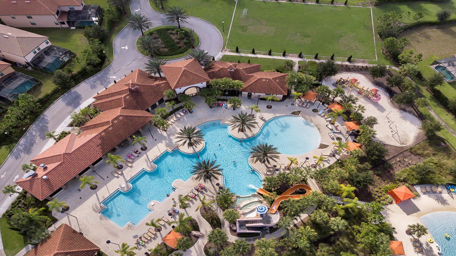 Stunning aerial view of a tropical Solterra Resort- pool oasis!