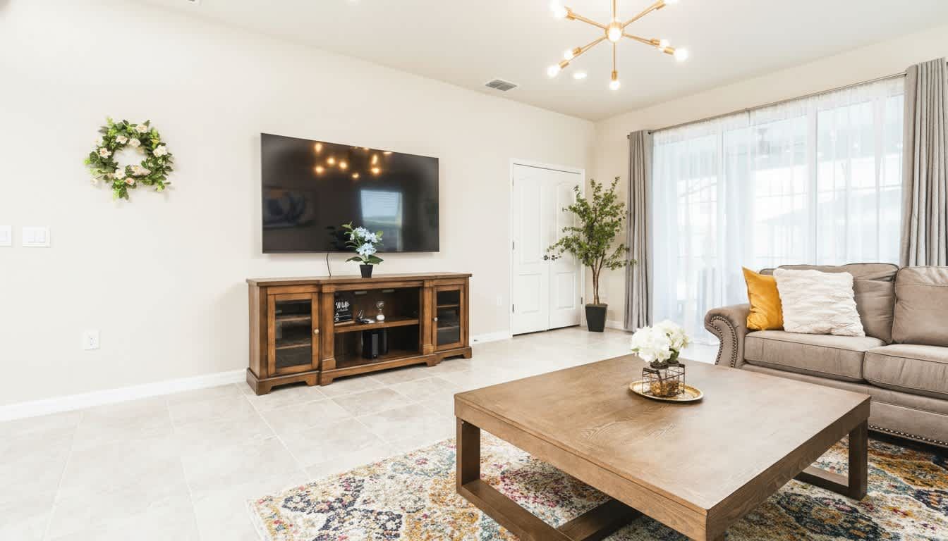 A bright, harmonious living space where modern design meets cozy warmth for the ultimate getaway.