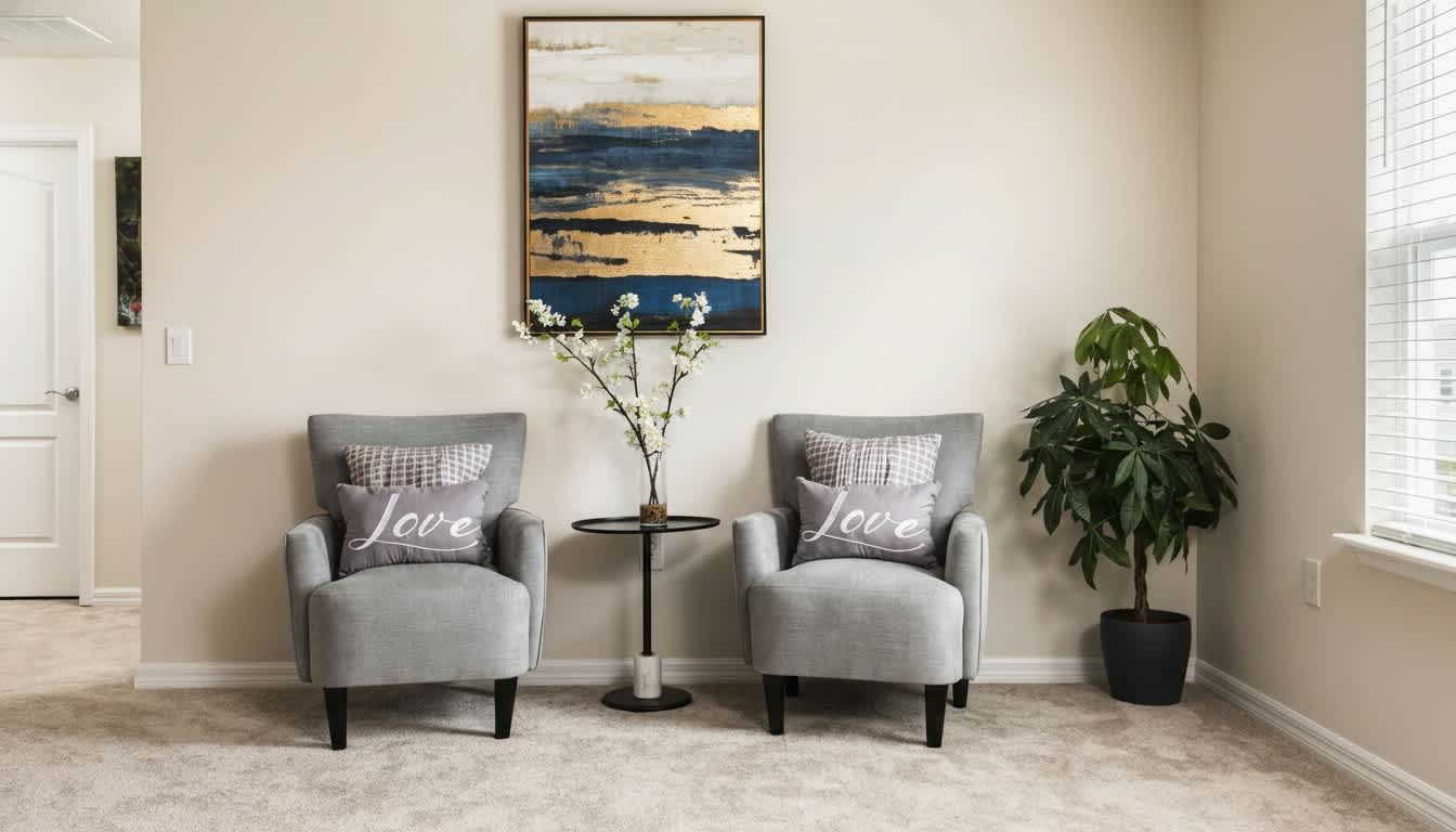 Chic twin armchairs and metallic abstract art create a serene, luxury-infused living space.