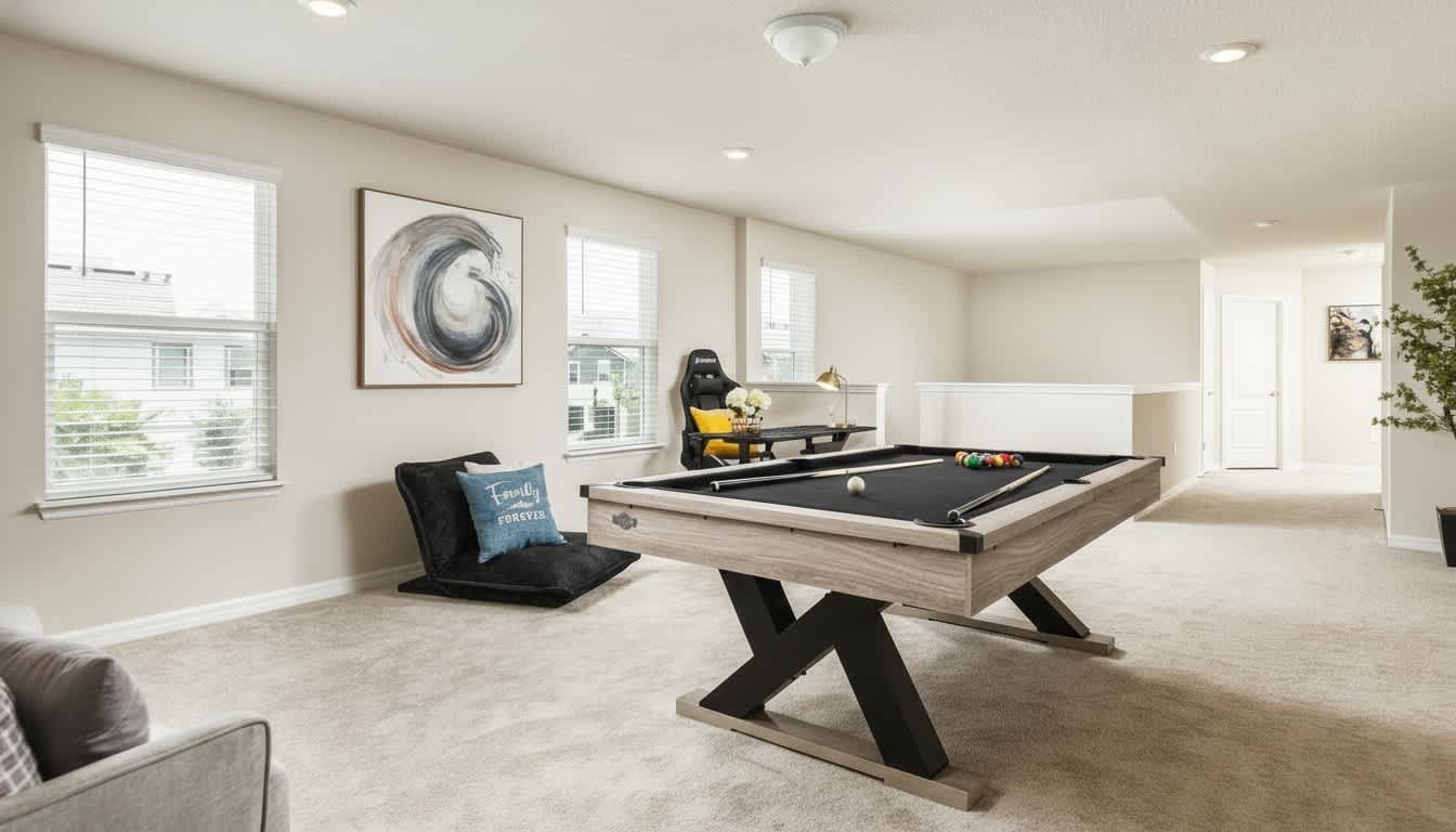 Elevate your stay in this sun-drenched loft featuring a modern billiards table and gaming lounge.