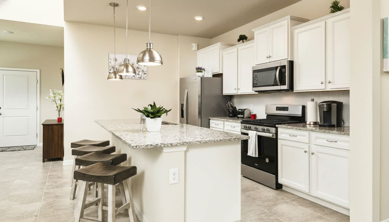 Sleek modern kitchen featuring granite countertops and designer lighting for a gourmet experience.