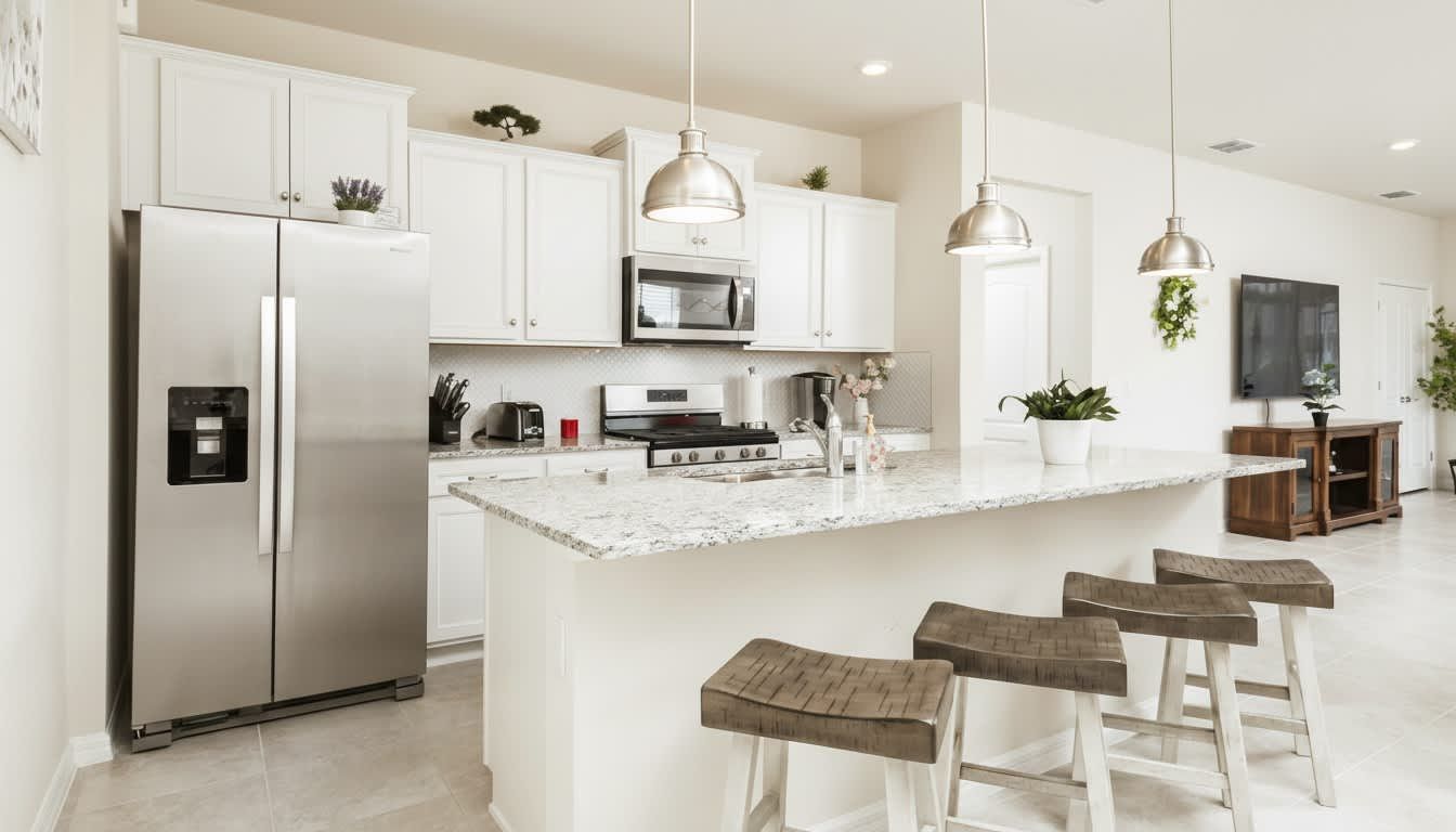 Sleek granite and crisp white cabinetry define this sophisticated, light-filled chef's kitchen.