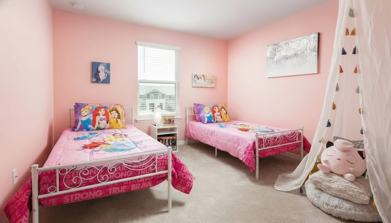 Enchanting Disney-themed twin bedroom in soft rose tones, perfect for a magical family getaway.