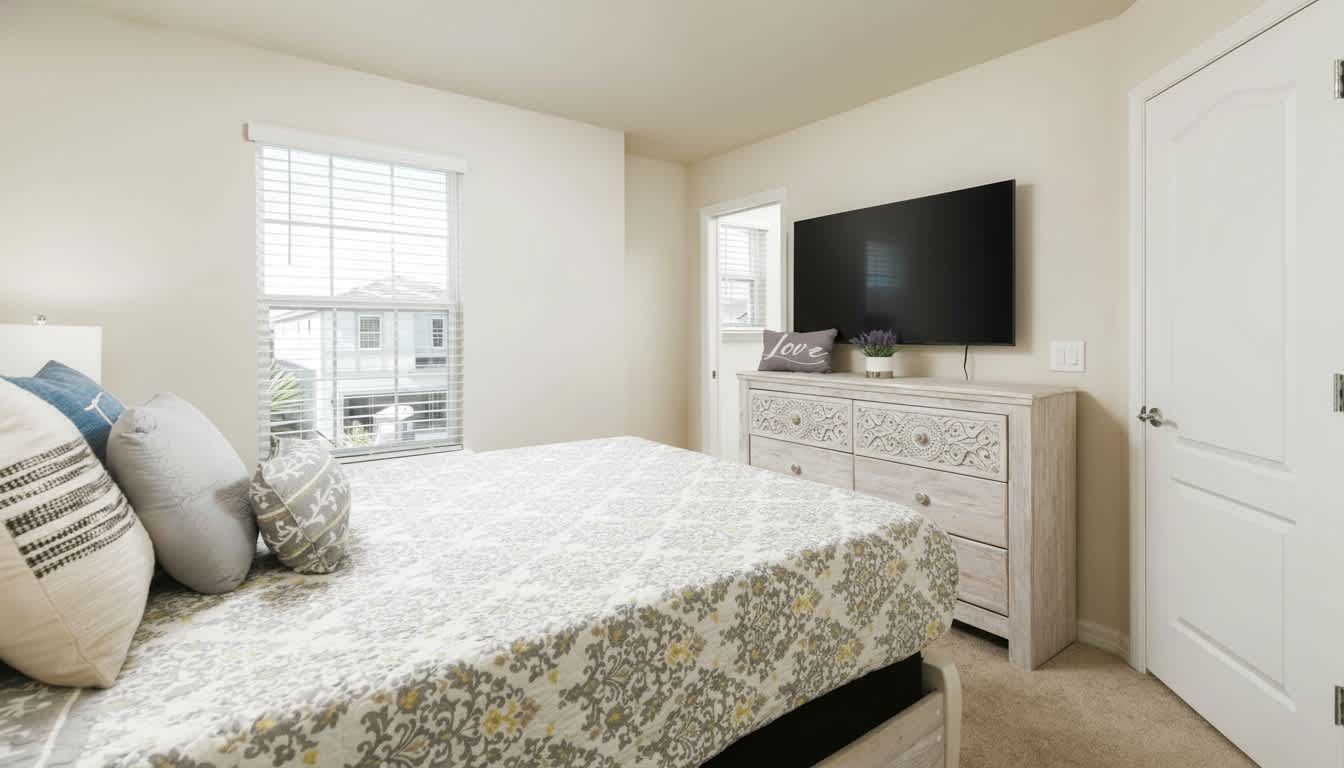 Serene master bedroom featuring an ornate carved dresser and sun-drenched neutral aesthetics.