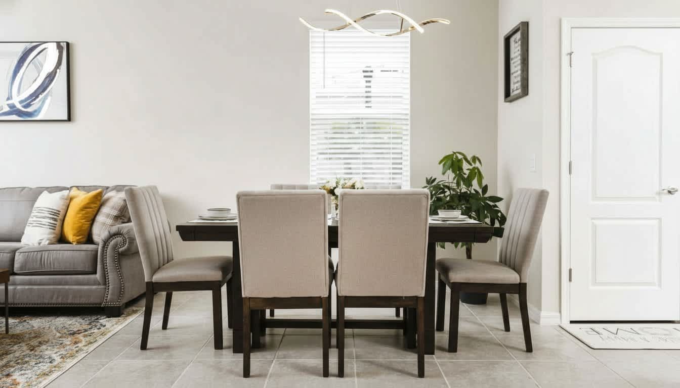 Sophisticated dining space with modern upholstery and natural light, perfect for elegant gatherings.