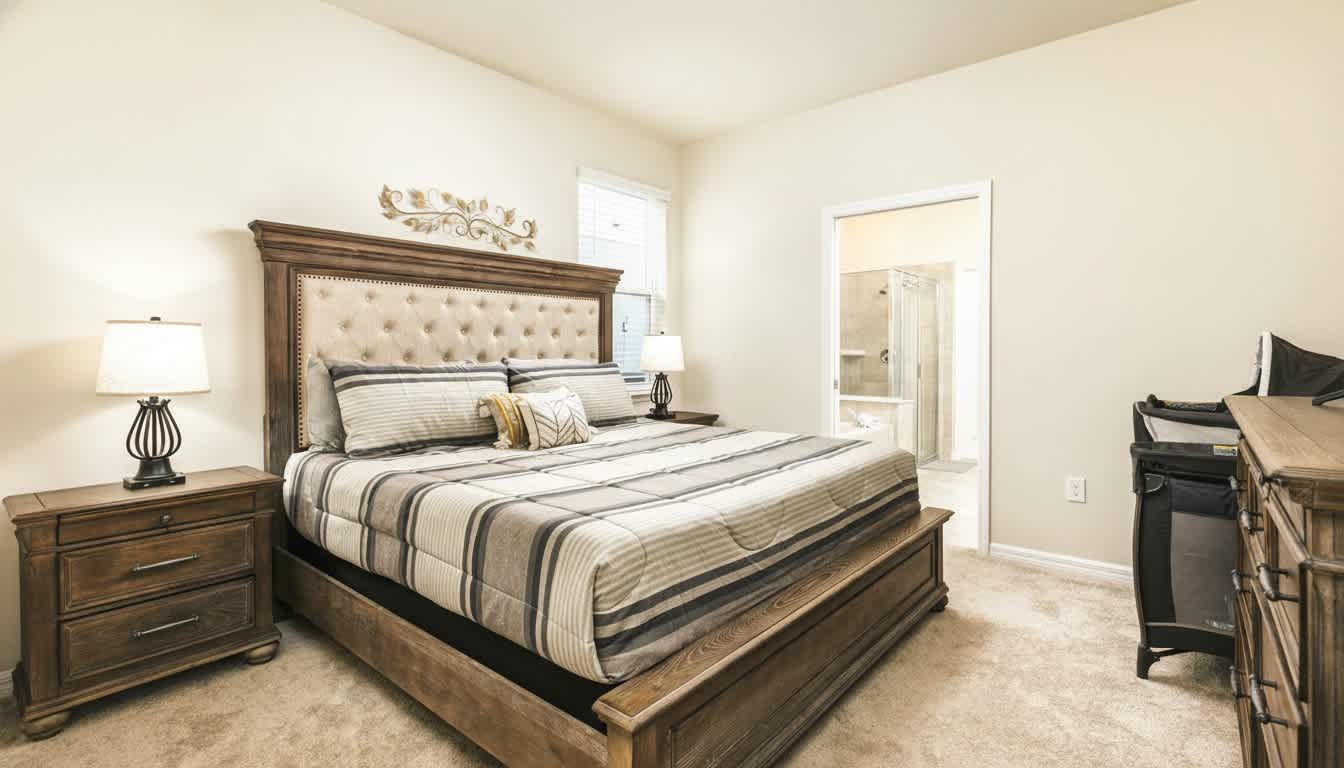 Elegant master suite featuring a tufted headboard and seamless ensuite bathroom access.