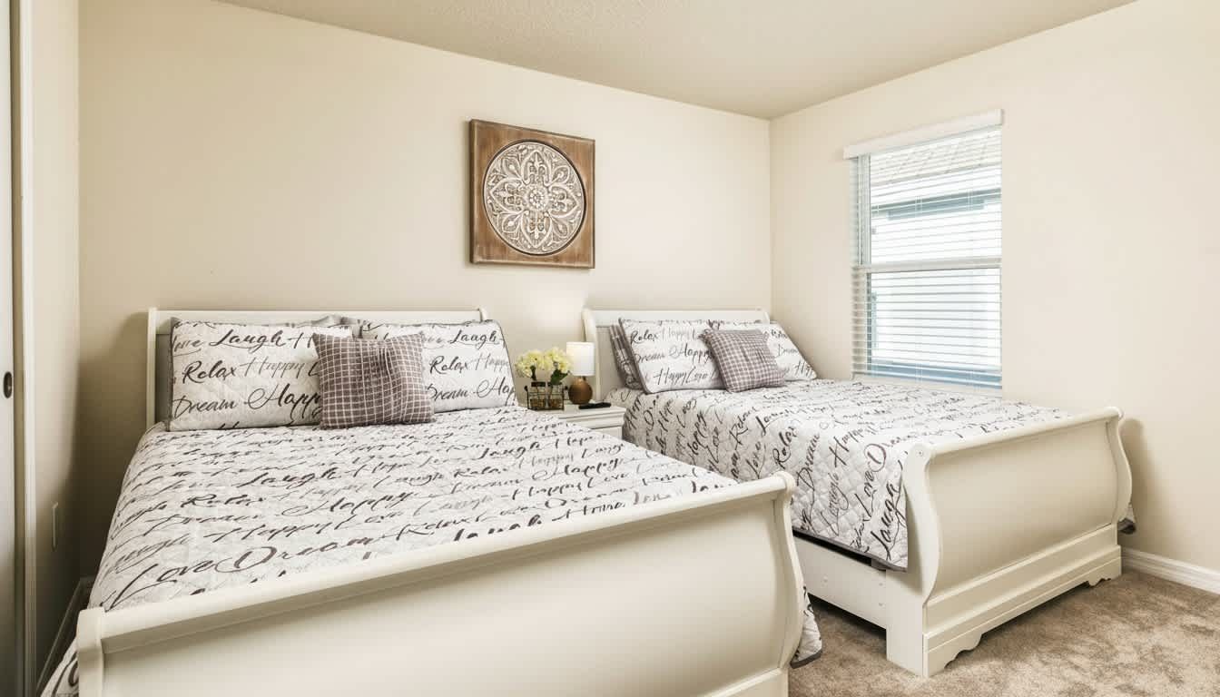 Elegant twin sleigh beds in a serene, light-filled bedroom retreat.
