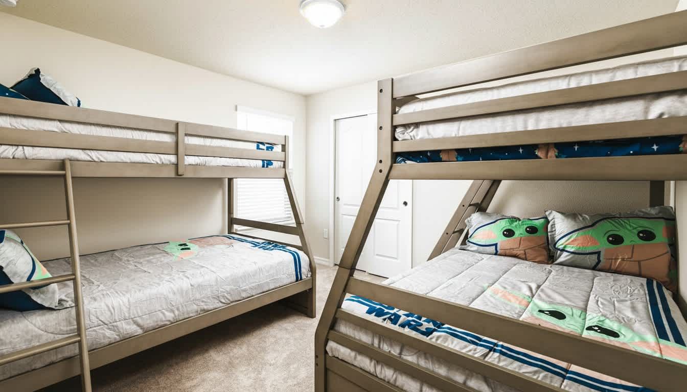 Galactic dreams await in this playful Star Wars themed bedroom with dual designer bunk beds.