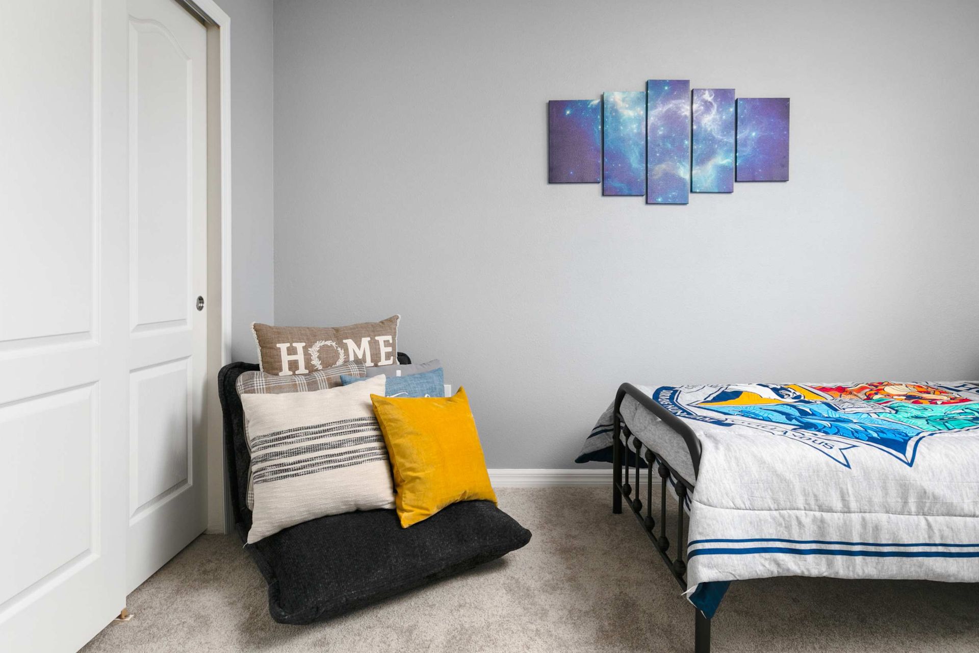 An enchanting retreat featuring celestial art and cozy nooks for a magical stay.