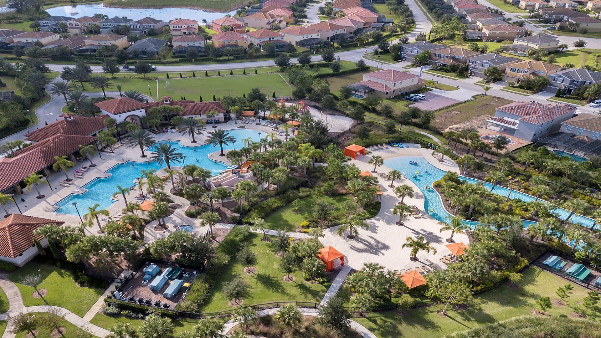 Aerial view of Solterra resort pools.
