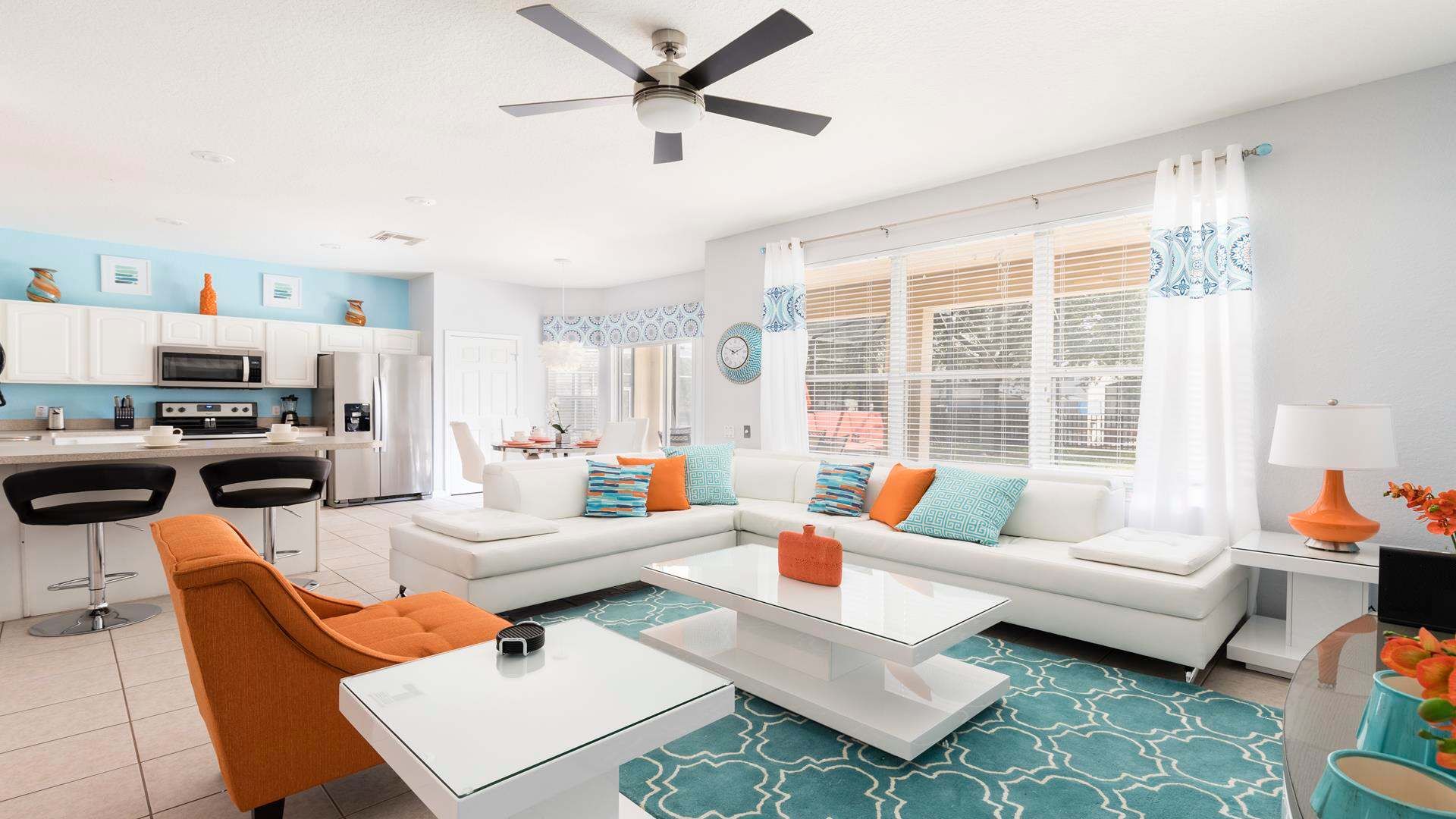 Bright, airy, and spacious, living room for family and friends