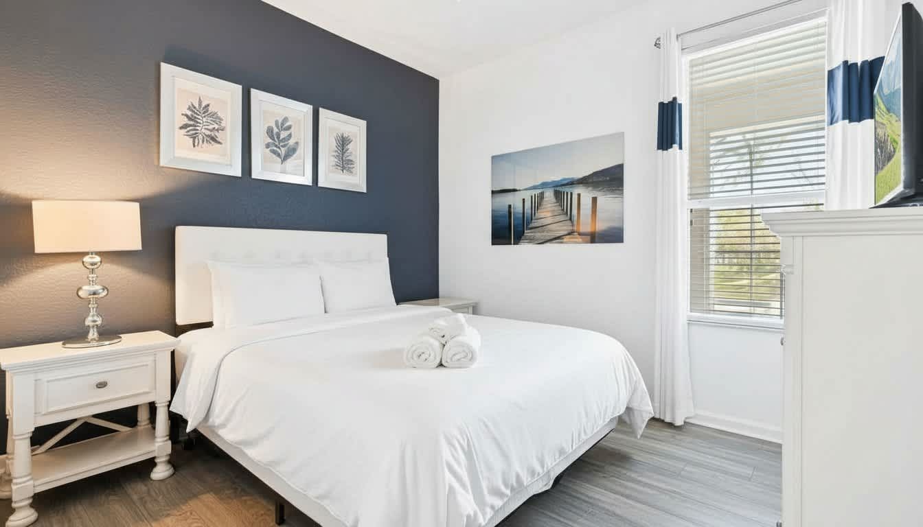 Cozy queen bedroom with chic navy accents, flat-screen TV, and peaceful ambiance.