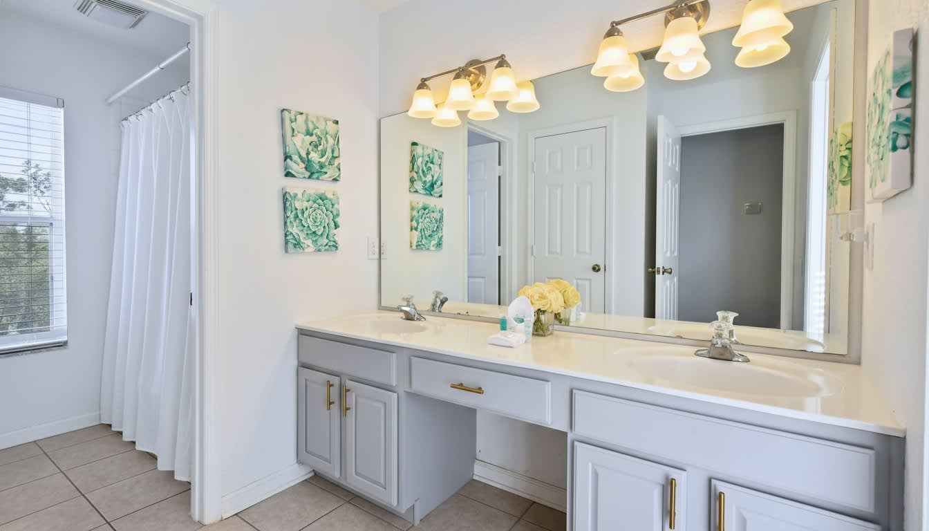 Bright bathroom with dual sinks, spacious vanity, chic lighting, and fresh decor.