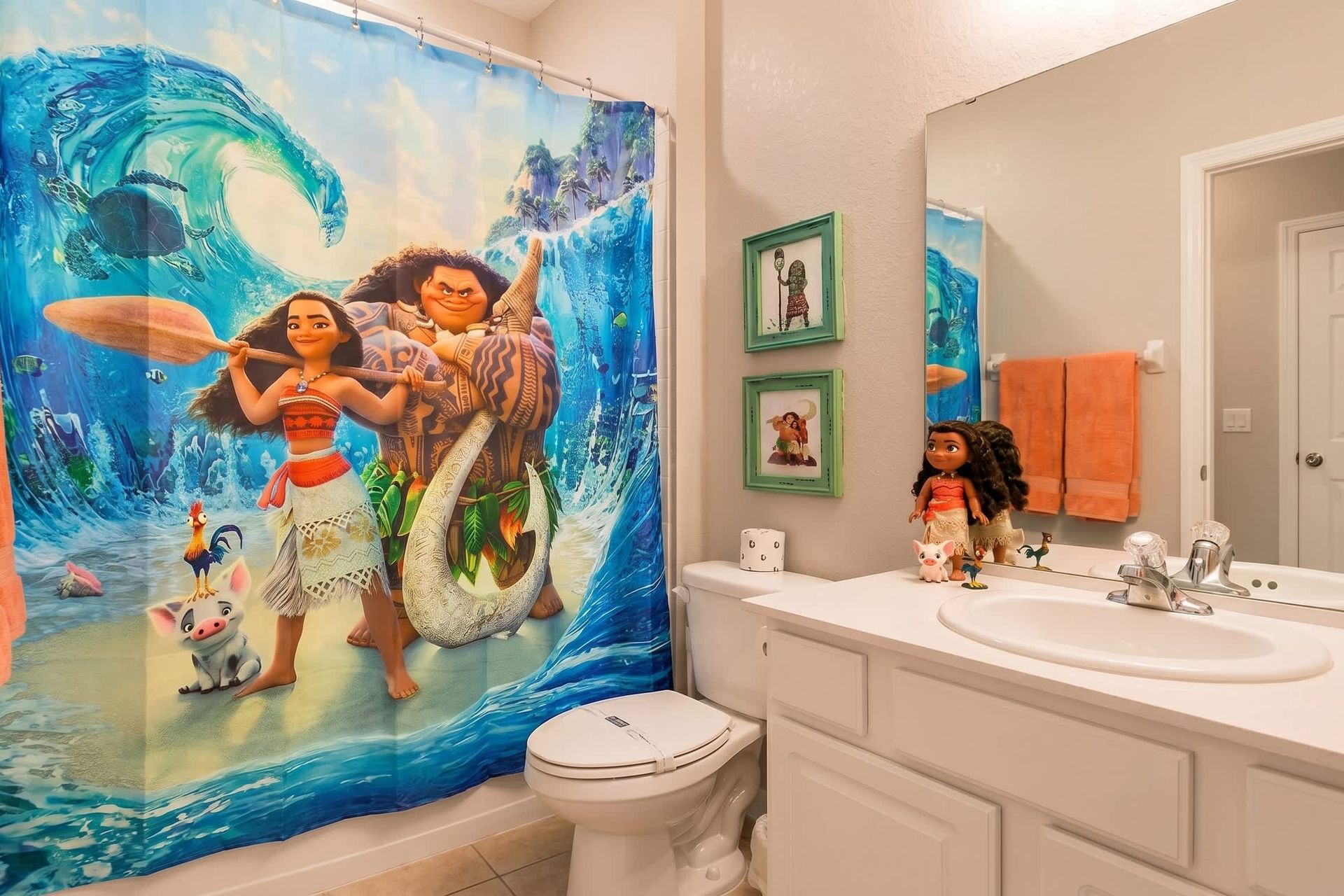 Experience comfort and convenience in our spacious Moana Themed bathroom, designed to meet all your needs during your stay.