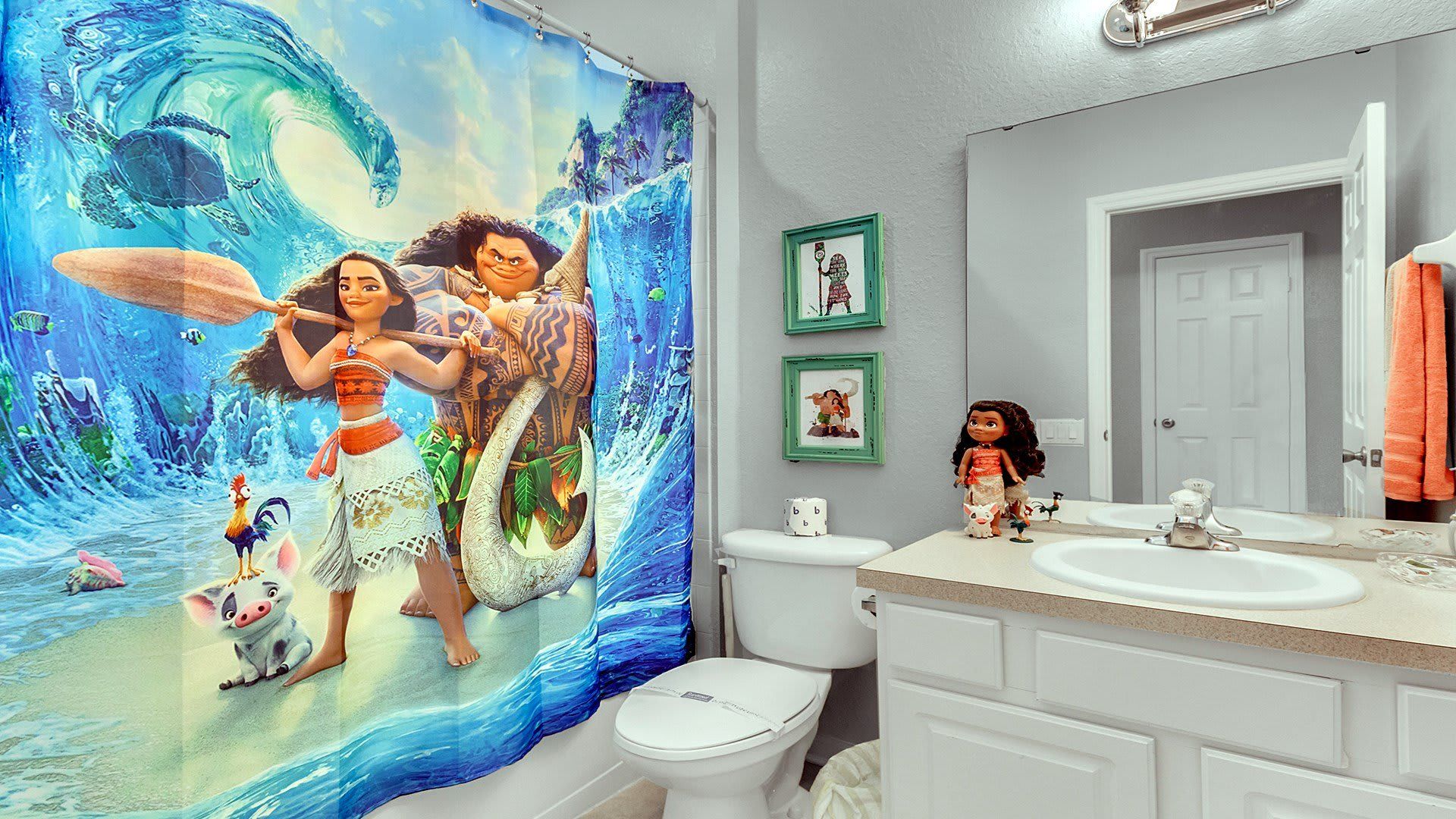 Experience comfort and convenience in our spacious Moana Themed bathroom, designed to meet all your needs during your stay.