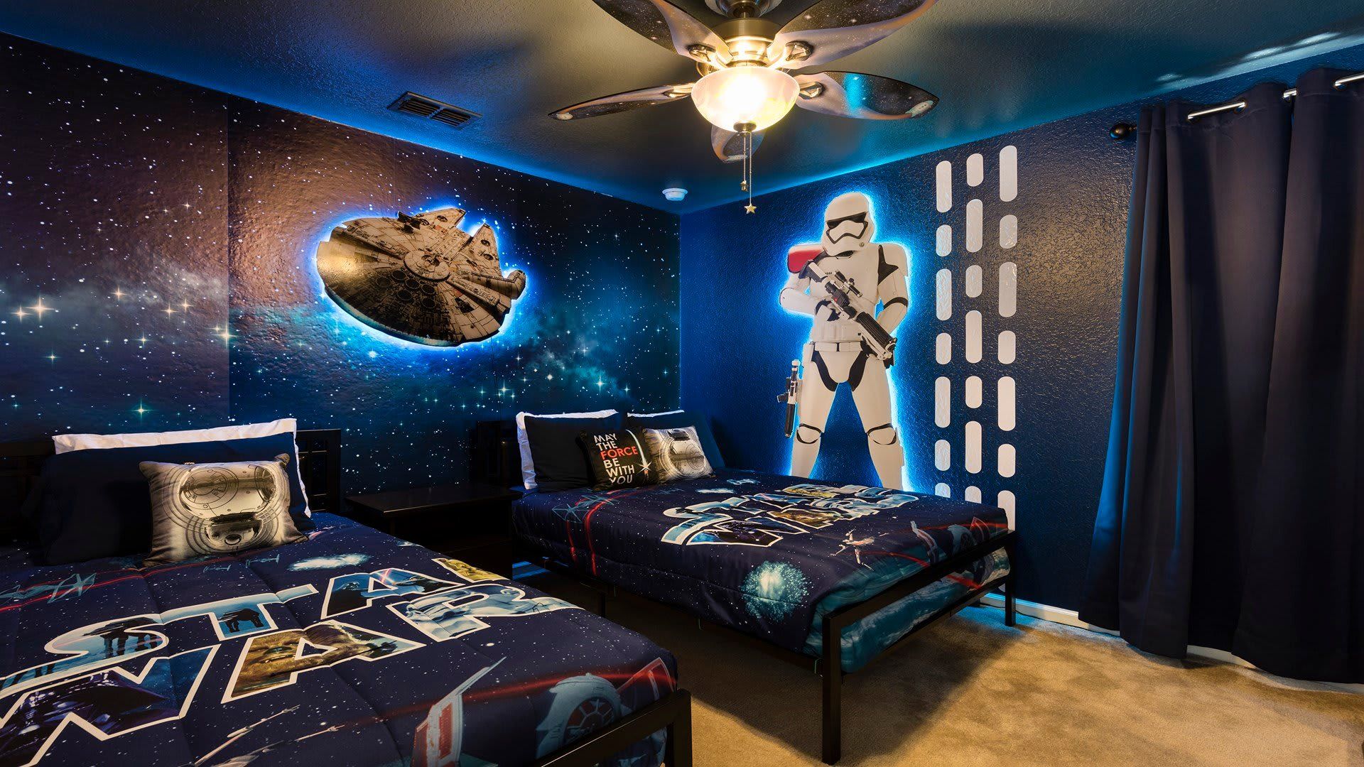 Kids will love the upstairs bedroom with a cool Star War theme and cool lights
