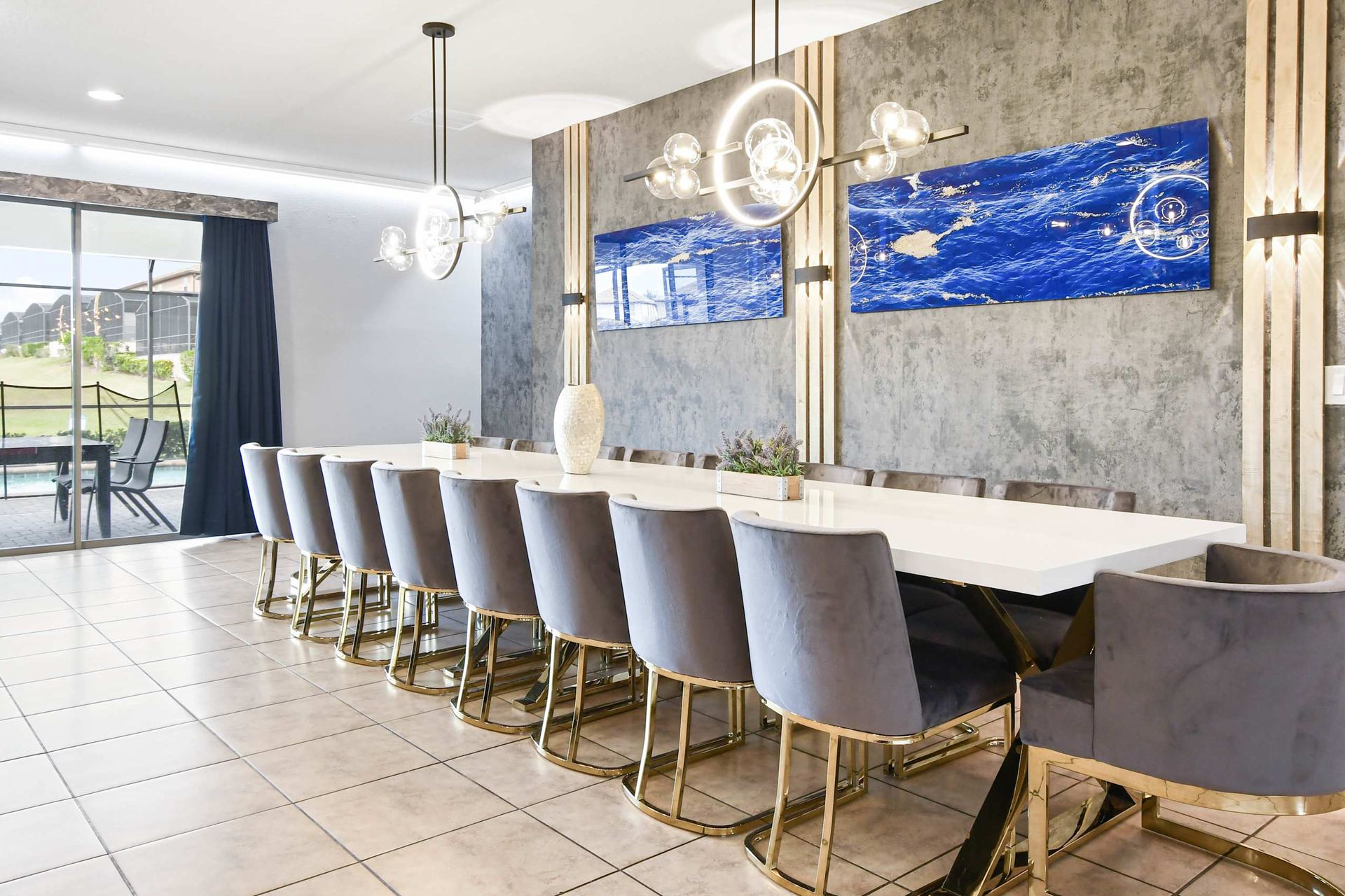 Luxurious dining area with stunning accents and poolside views!