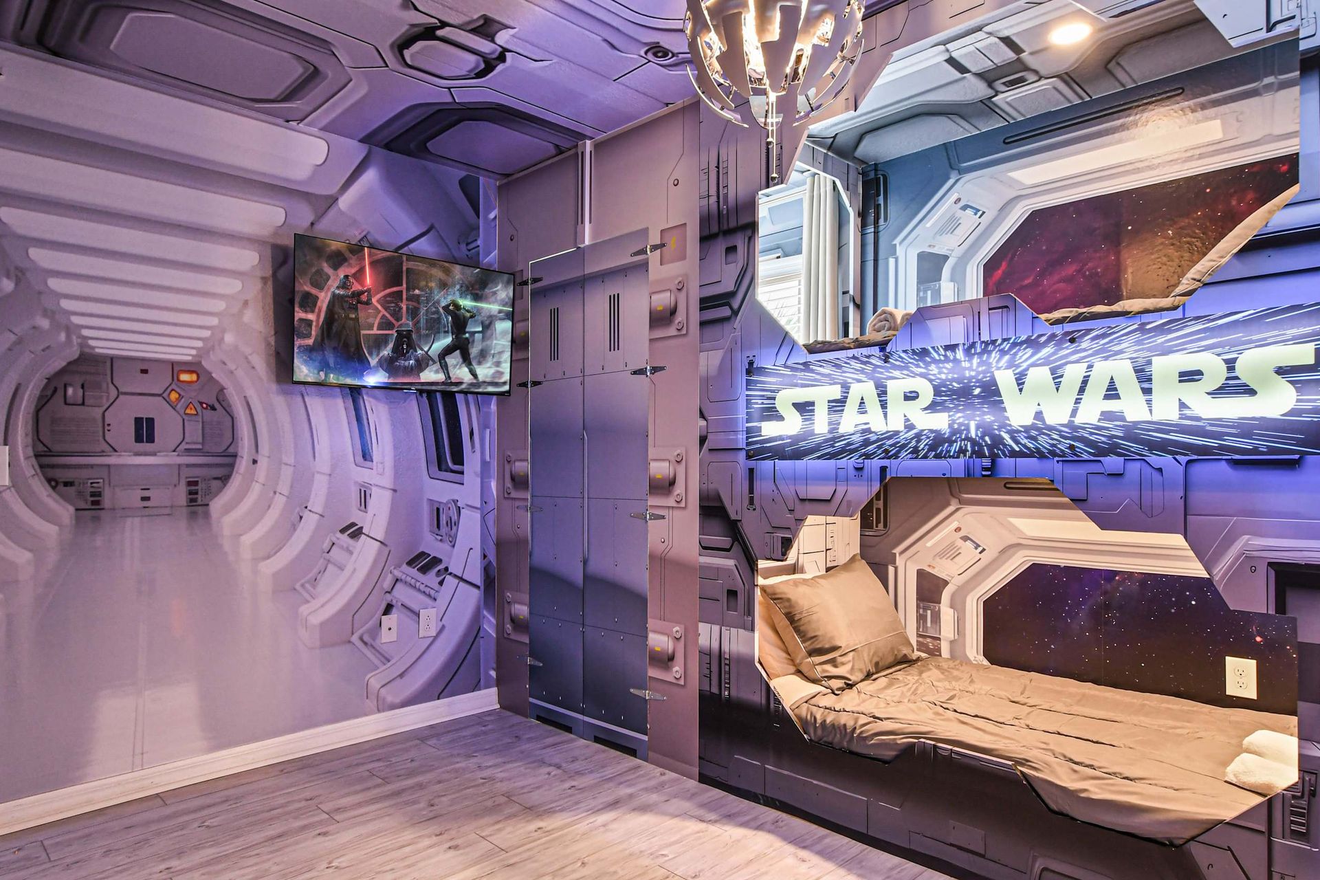 Futuristic Star Wars-themed room with cozy bunk beds and galactic vibes!