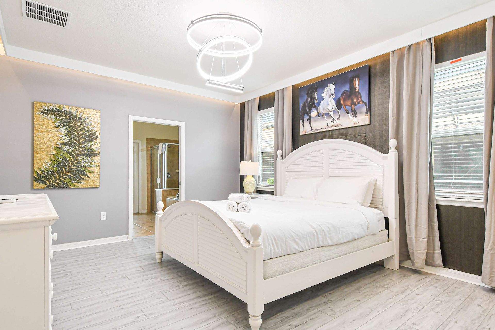 Bright and elegant bedroom with modern decor and cozy vibes!